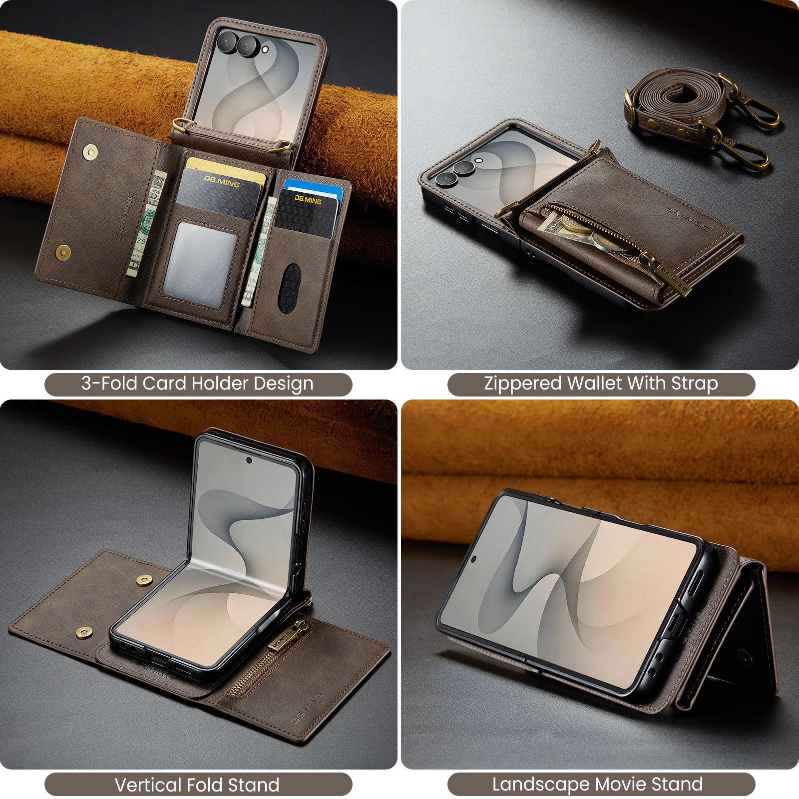 Samsung Galaxy Z Flip 8 DG.MING Crossbody Wallet Case [Coffee]