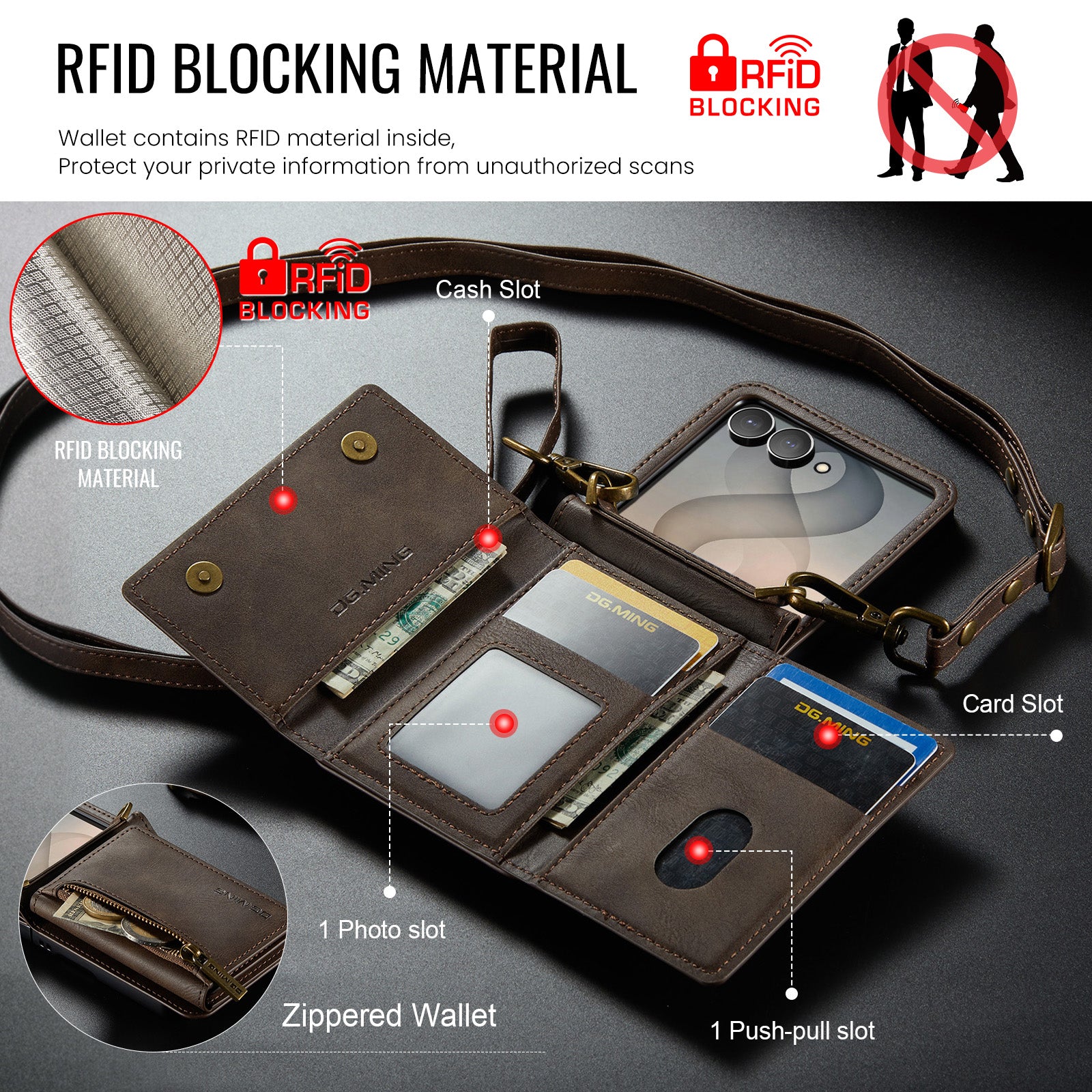 Samsung Galaxy Z Flip 8 DG.MING Crossbody Wallet Case [Coffee]