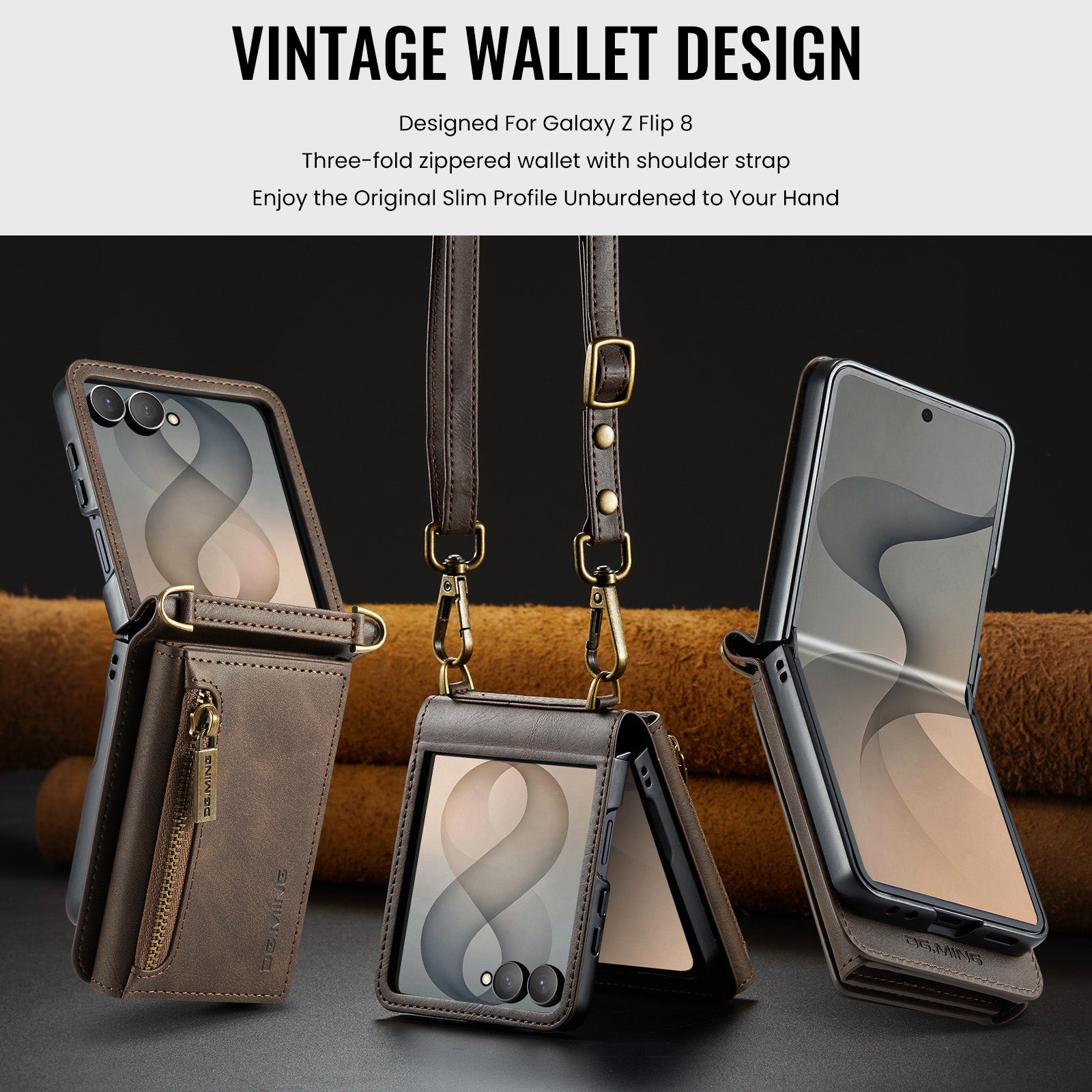 Samsung Galaxy Z Flip 8 DG.MING Crossbody Wallet Case [Coffee]