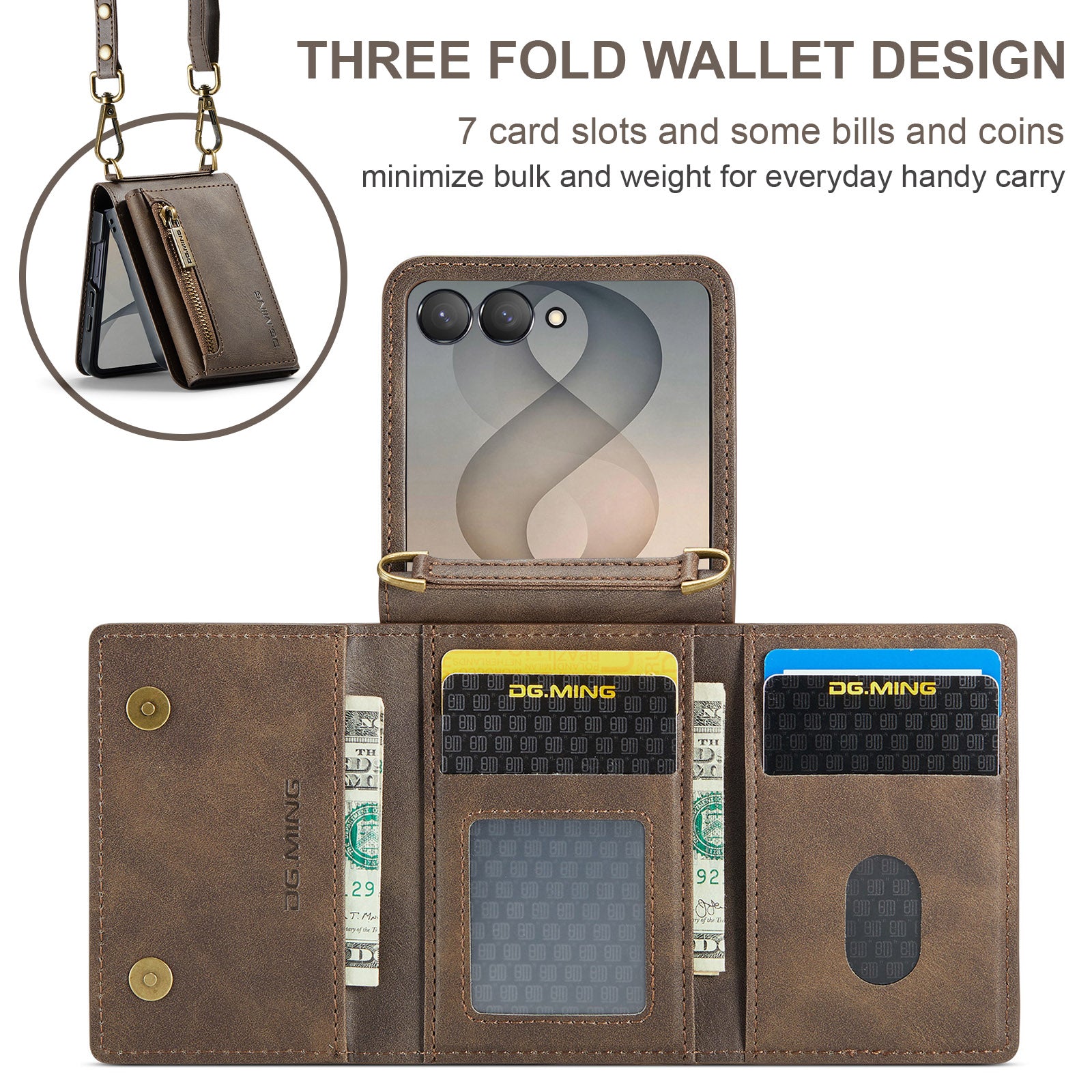 Samsung Galaxy Z Flip 8 DG.MING Crossbody Wallet Case [Coffee]