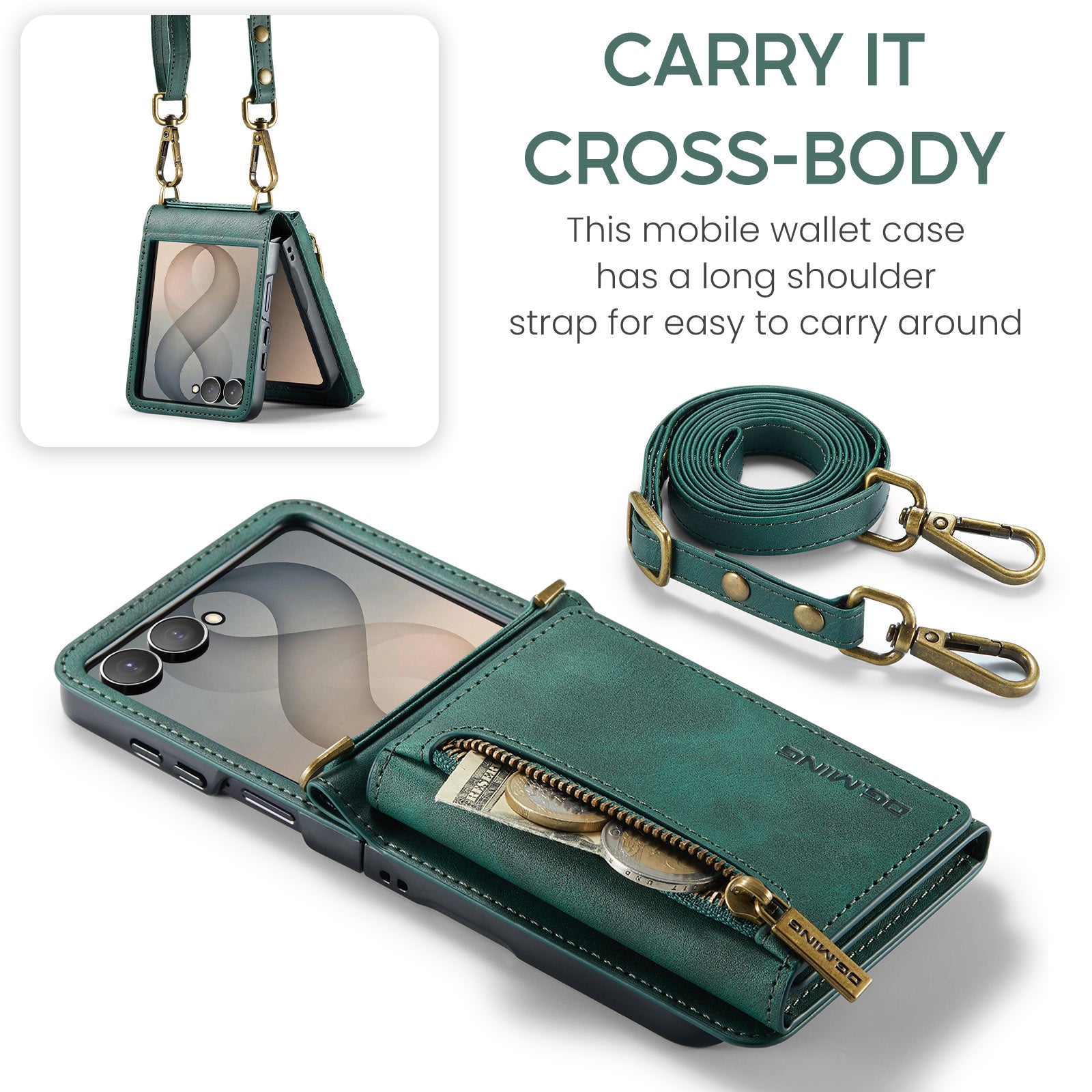 Samsung Galaxy Z Flip 8 DG.MING Crossbody Wallet Case [Green]