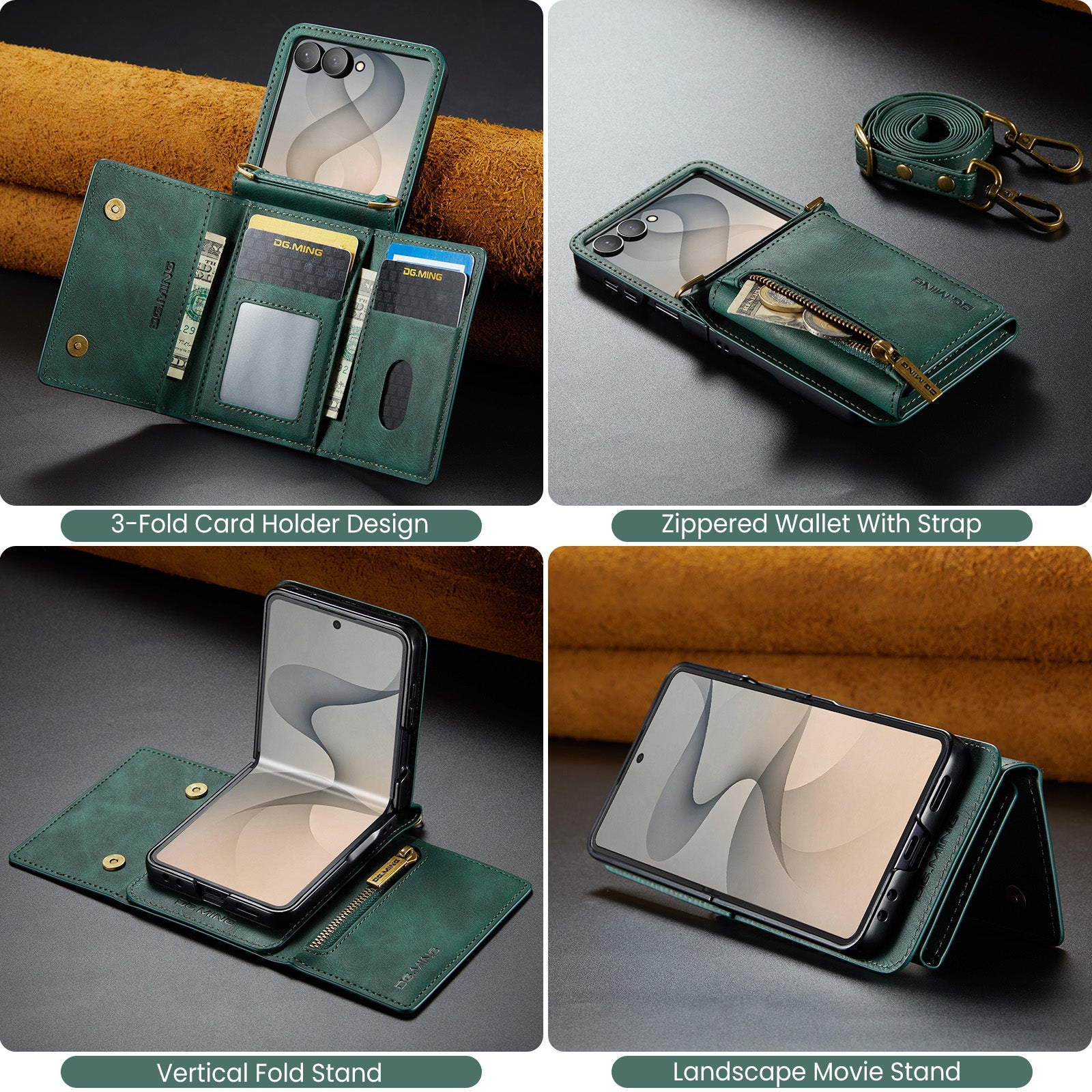 Samsung Galaxy Z Flip 8 DG.MING Crossbody Wallet Case [Green]
