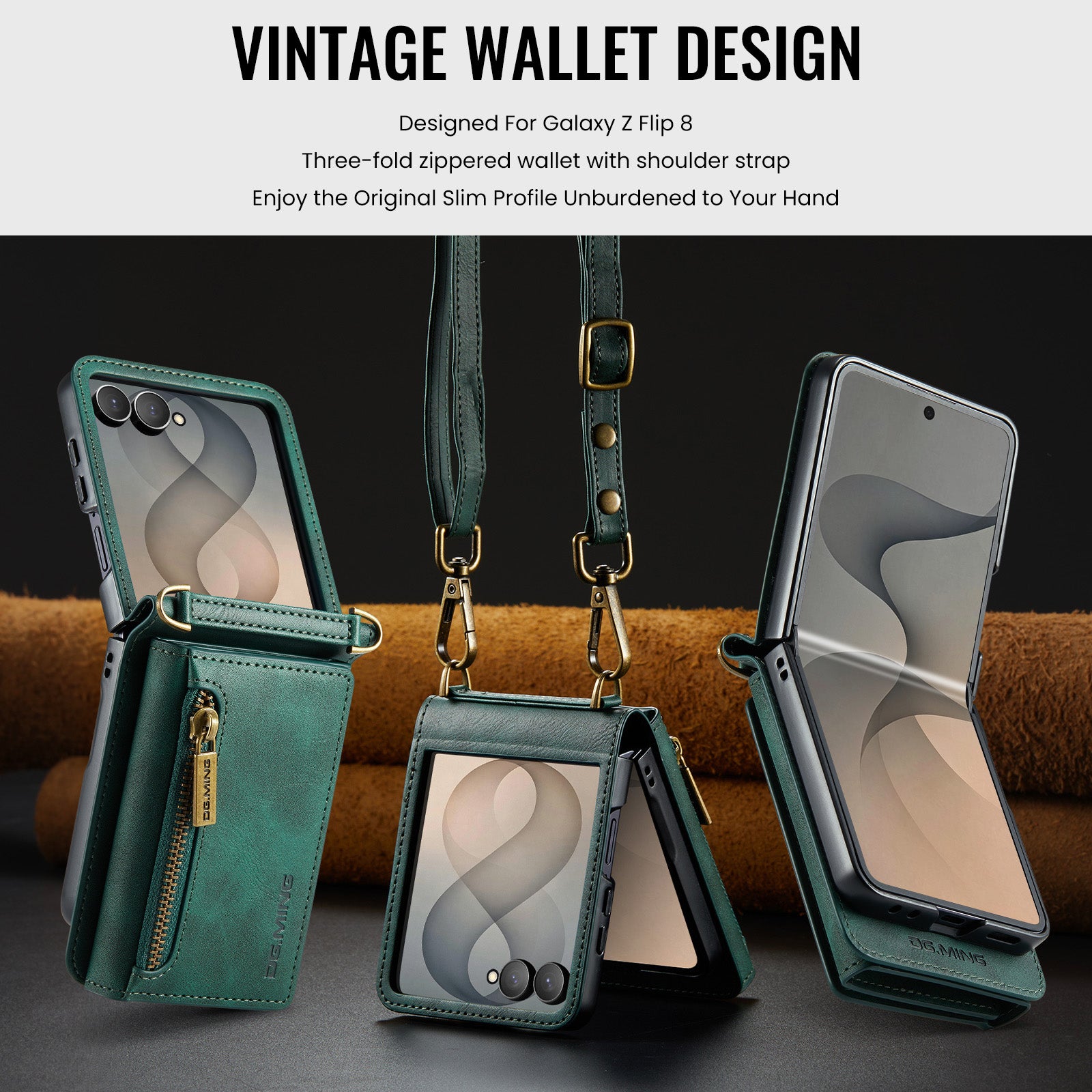 Samsung Galaxy Z Flip 8 DG.MING Crossbody Wallet Case [Green]
