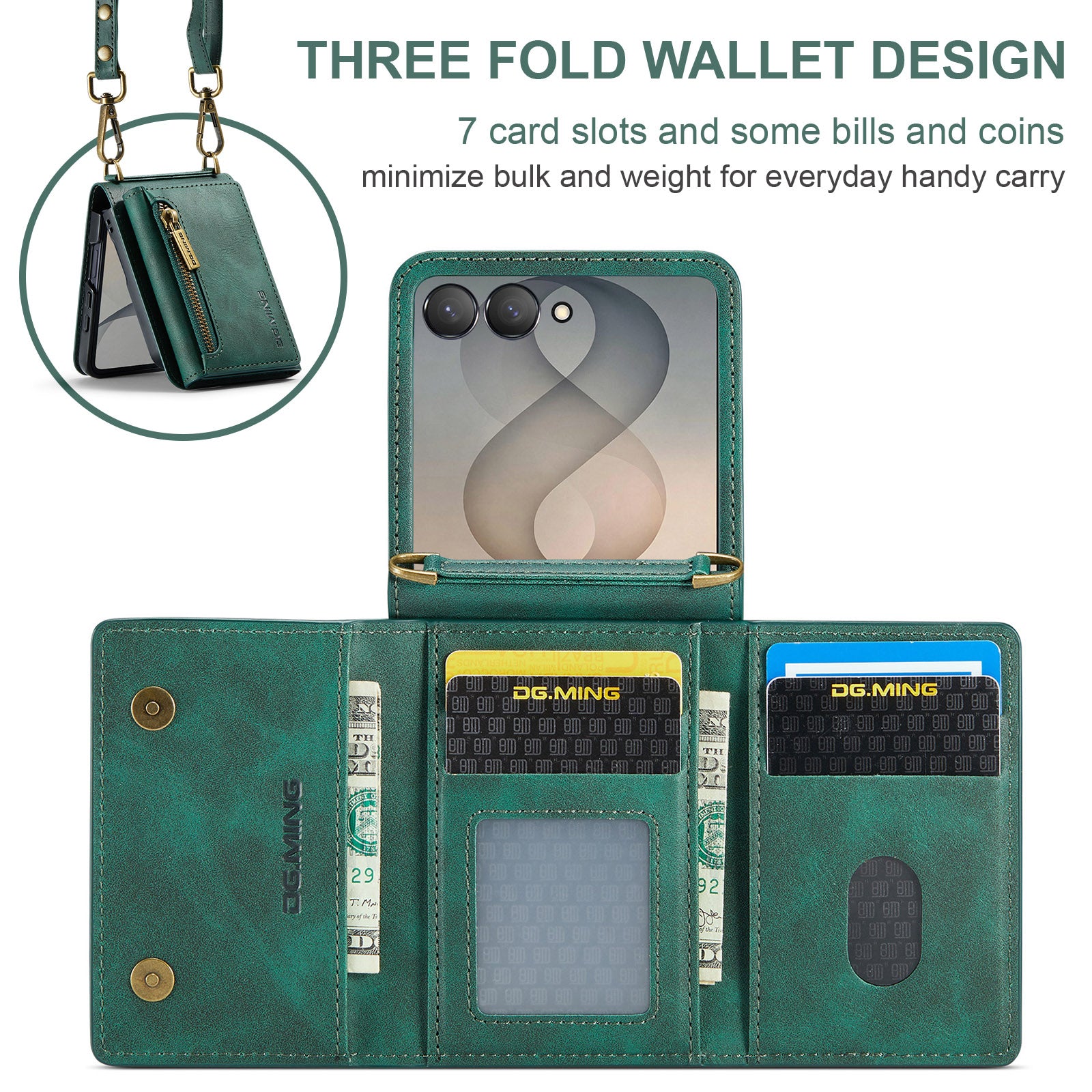 Samsung Galaxy Z Flip 8 DG.MING Crossbody Wallet Case [Green]