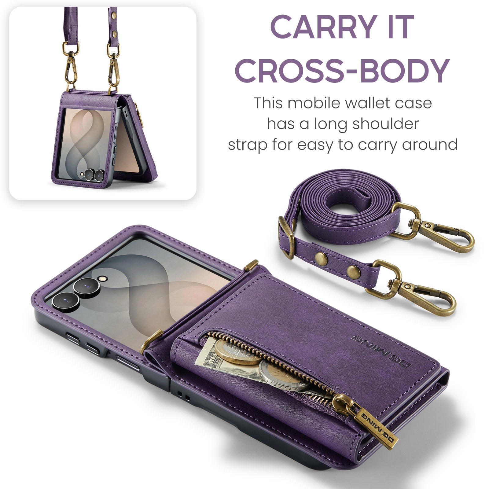 Samsung Galaxy Z Flip 8 DG.MING Crossbody Wallet Case [Purple]