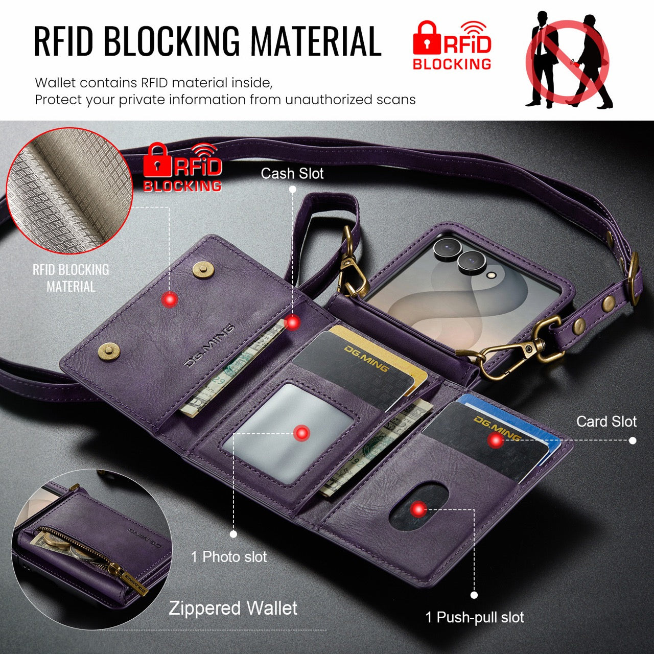 Samsung Galaxy Z Flip 8 DG.MING Crossbody Wallet Case [Purple]