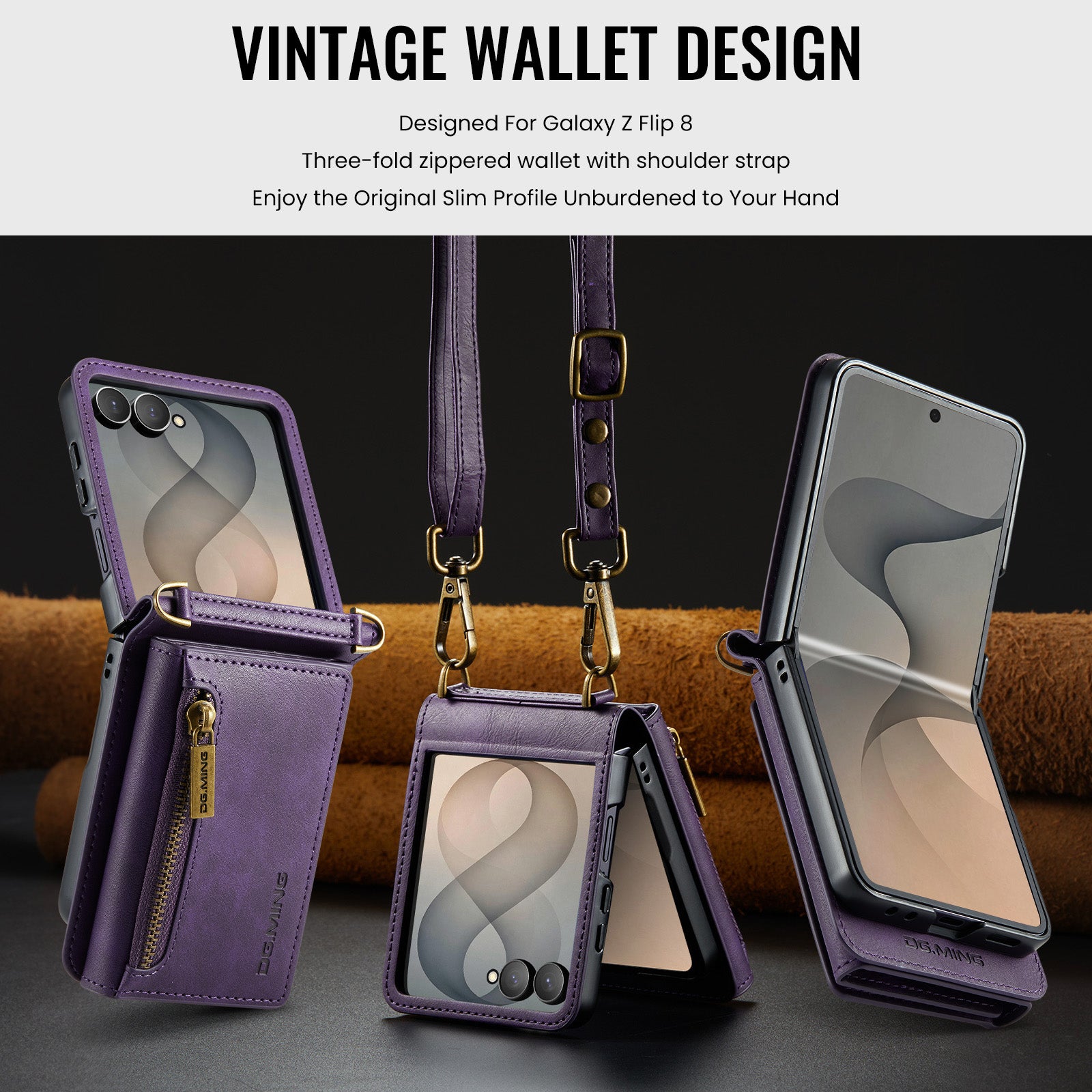 Samsung Galaxy Z Flip 8 DG.MING Crossbody Wallet Case [Purple]