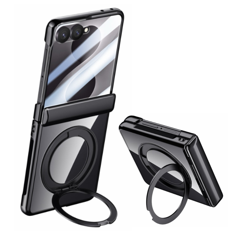 Samsung Galaxy Z Flip 8 Clear Magnetic Case - 360° Rotating Ring Stand & Hinge Shield [Black]