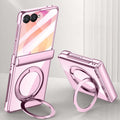 Samsung Galaxy Z Flip 8 Clear Magnetic Case - 360° Rotating Ring Stand & Hinge Shield [Black] - Pink