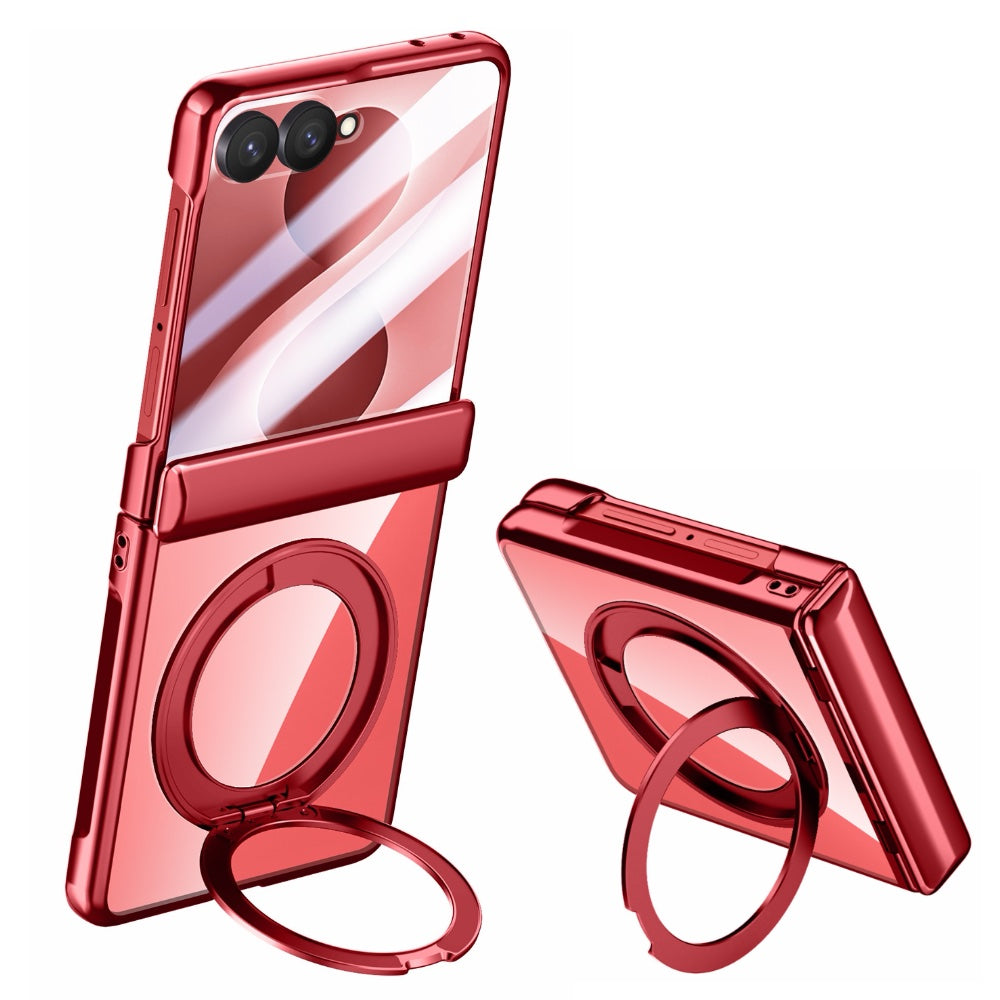 Samsung Galaxy Z Flip 8 Clear Magnetic Case - 360° Rotating Ring Stand & Hinge Shield [Red]