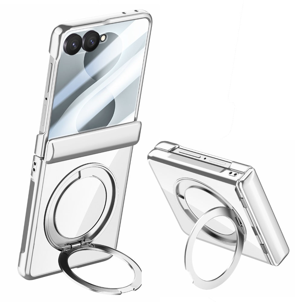 Samsung Galaxy Z Flip 8 Clear Magnetic Case - 360° Rotating Ring Stand & Hinge Shield [Silver]