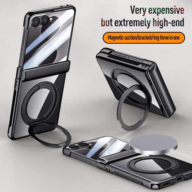 Samsung Galaxy Z Flip 8 Clear Magnetic Case - 360° Rotating Ring Stand & Hinge Shield [Black]