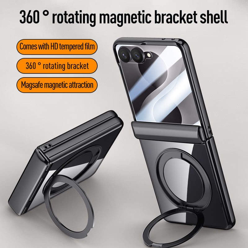 Samsung Galaxy Z Flip 8 Clear Magnetic Case - 360° Rotating Ring Stand & Hinge Shield [Black]
