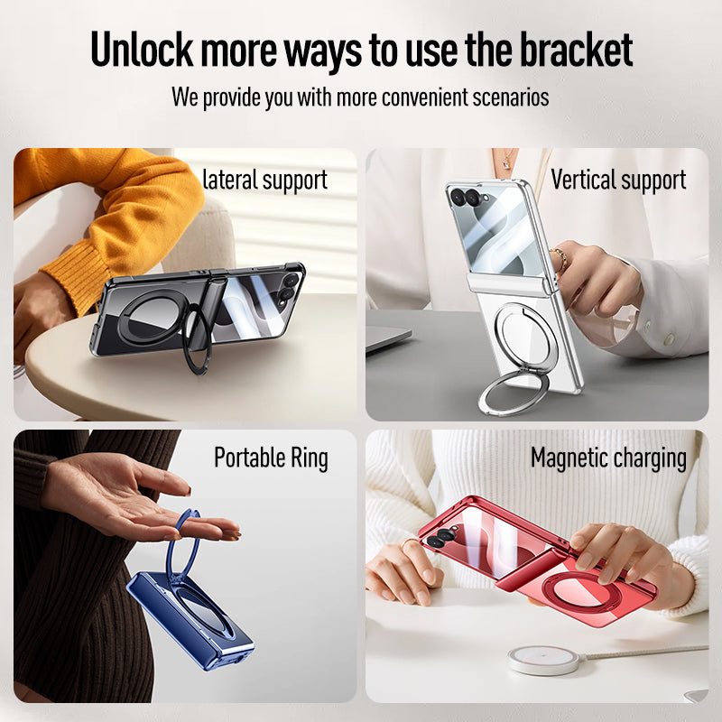 Samsung Galaxy Z Flip 8 Clear Magnetic Case - 360° Rotating Ring Stand & Hinge Shield [Black]