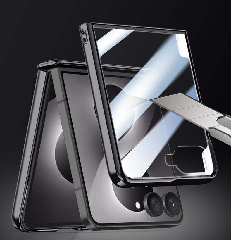 Samsung Galaxy Z Flip 8 Clear Magnetic Case - 360° Rotating Ring Stand & Hinge Shield [Black]