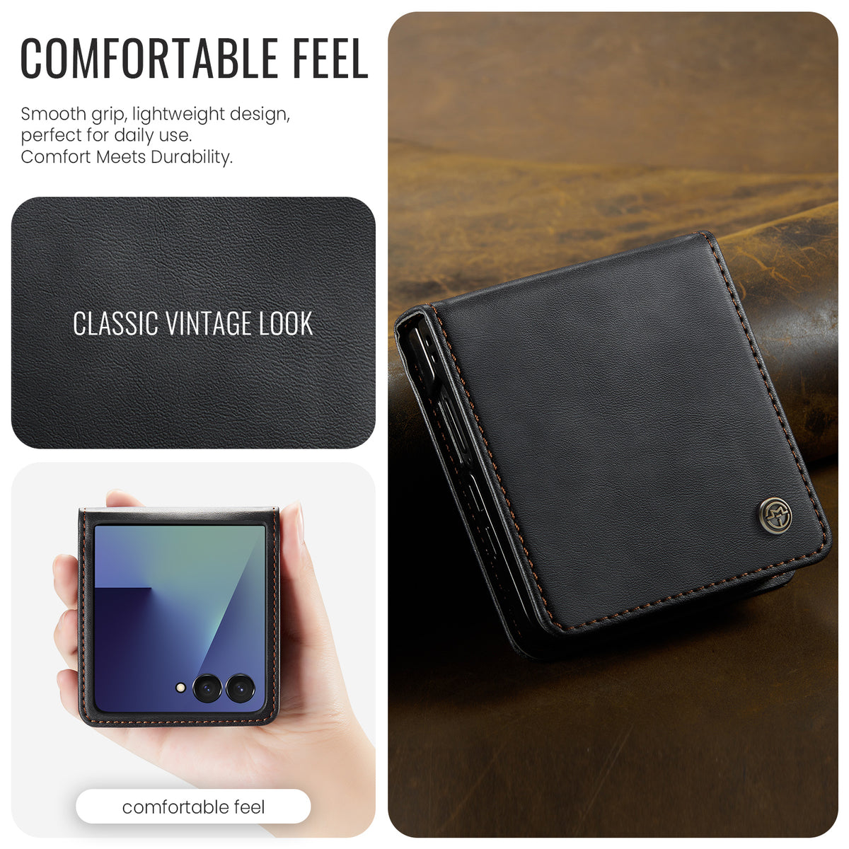 Stylish Samsung Galaxy Z Flip 8 Retro Leather Cover [Black]