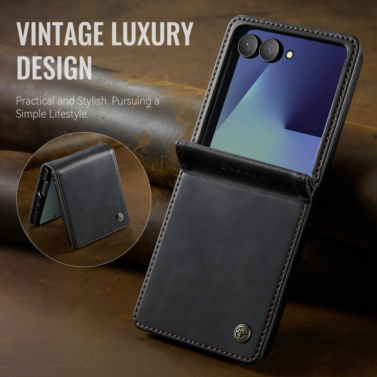 Stylish Samsung Galaxy Z Flip 8 Retro Leather Cover [Black]