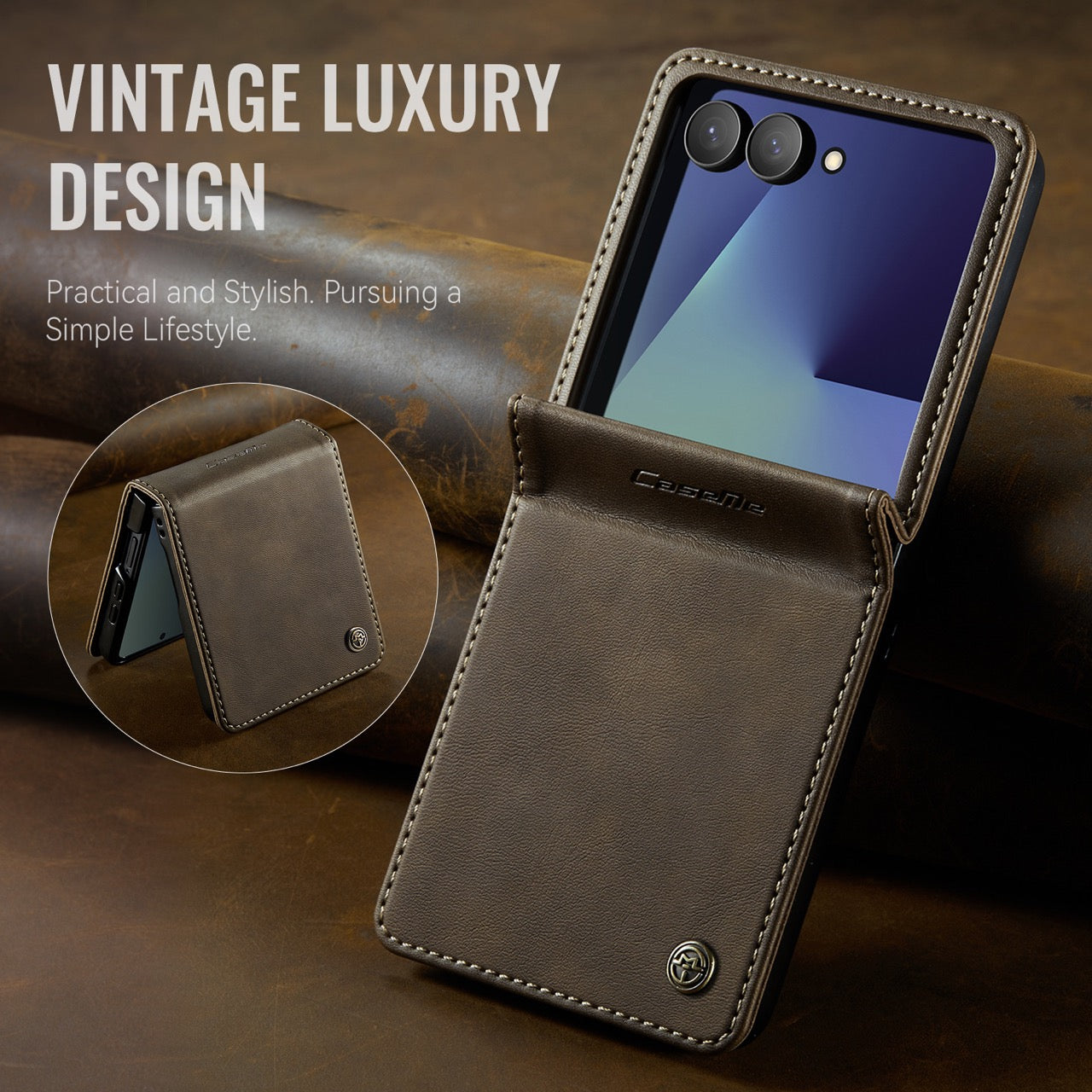 Stylish Samsung Galaxy Z Flip 8 Retro Leather Cover [Coffee]