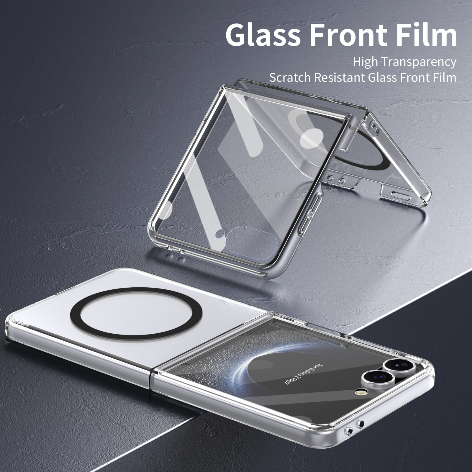 Crystal-clear Magnetic Ring Case for Samsung Galaxy Z Flip 7 with Tempered Glass [Black]