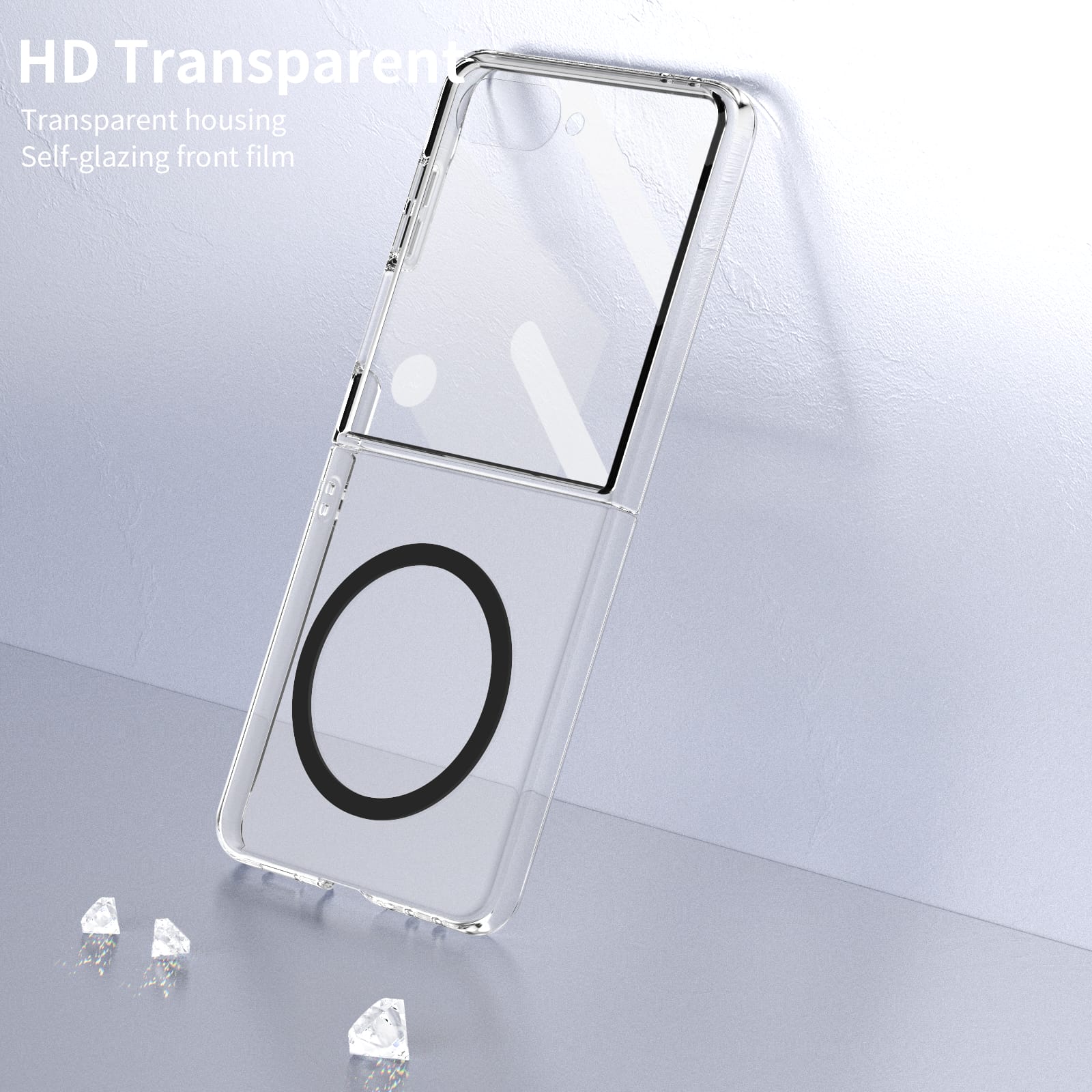 Crystal-clear Magnetic Ring Case for Samsung Galaxy Z Flip 7 with Tempered Glass [Black]