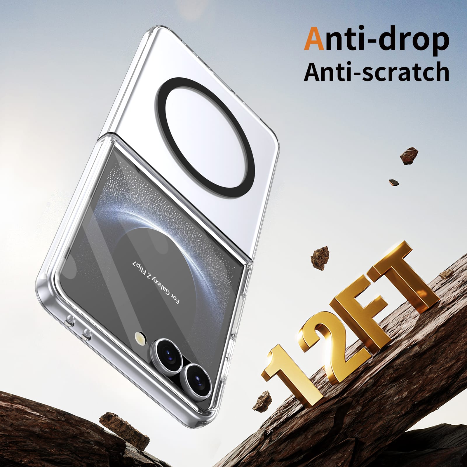 Crystal-clear Magnetic Ring Case for Samsung Galaxy Z Flip 7 with Tempered Glass [Black]