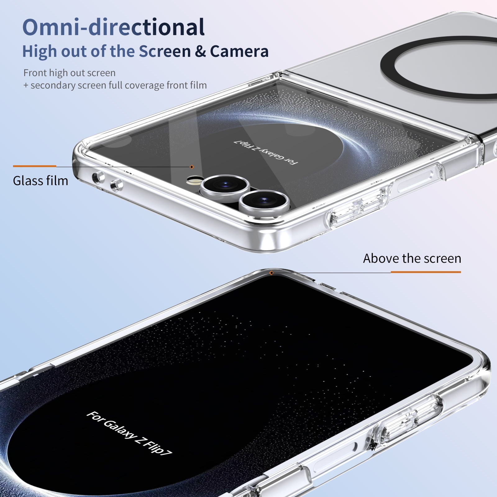 Crystal-clear Magnetic Ring Case for Samsung Galaxy Z Flip 7 with Tempered Glass [Black]