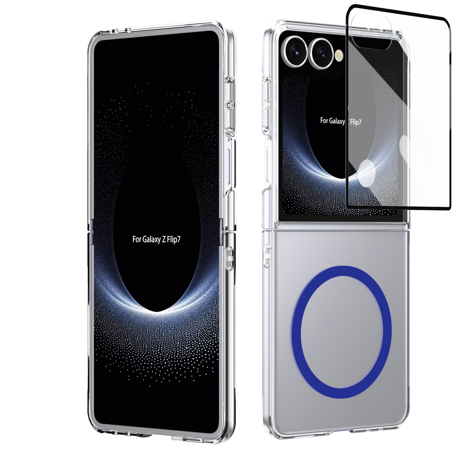 Crystal-clear Magnetic Ring Case for Samsung Galaxy Z Flip 7 with Tempered Glass [Blue]