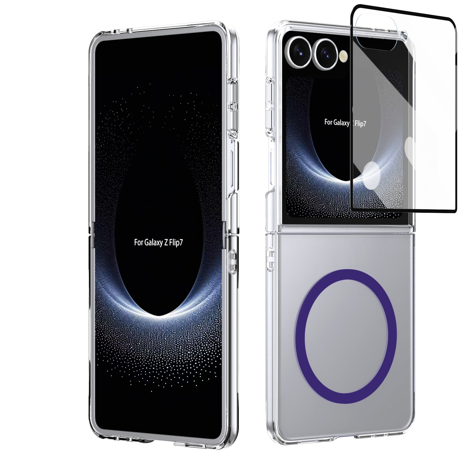Crystal-clear Magnetic Ring Case for Samsung Galaxy Z Flip 7 with Tempered Glass [Purple]