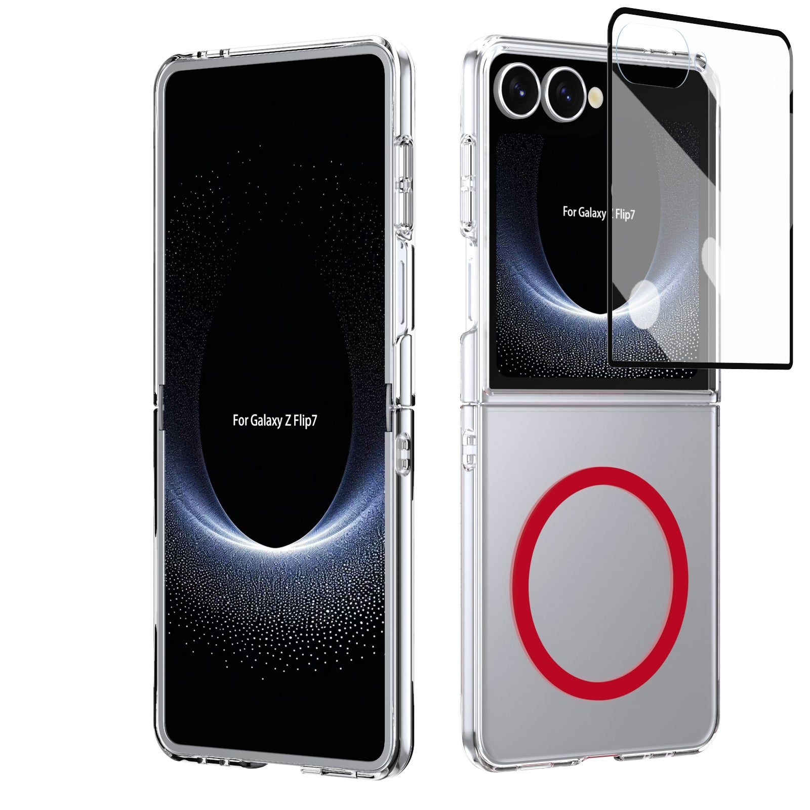 Crystal-clear Magnetic Ring Case for Samsung Galaxy Z Flip 7 with Tempered Glass[Red]