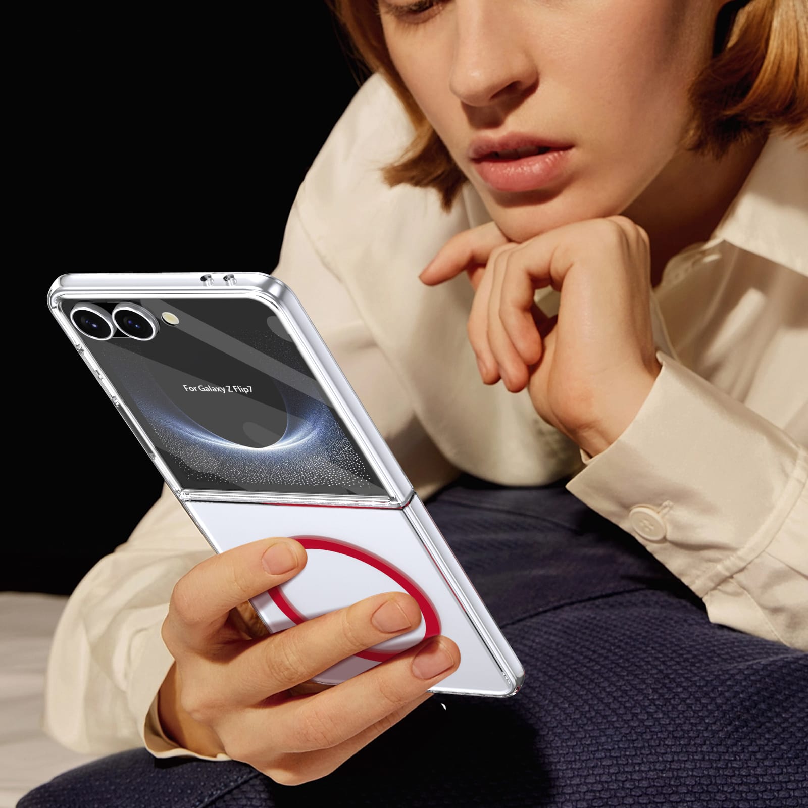 Crystal-clear Magnetic Ring Case for Samsung Galaxy Z Flip 7 with Tempered Glass[Red]