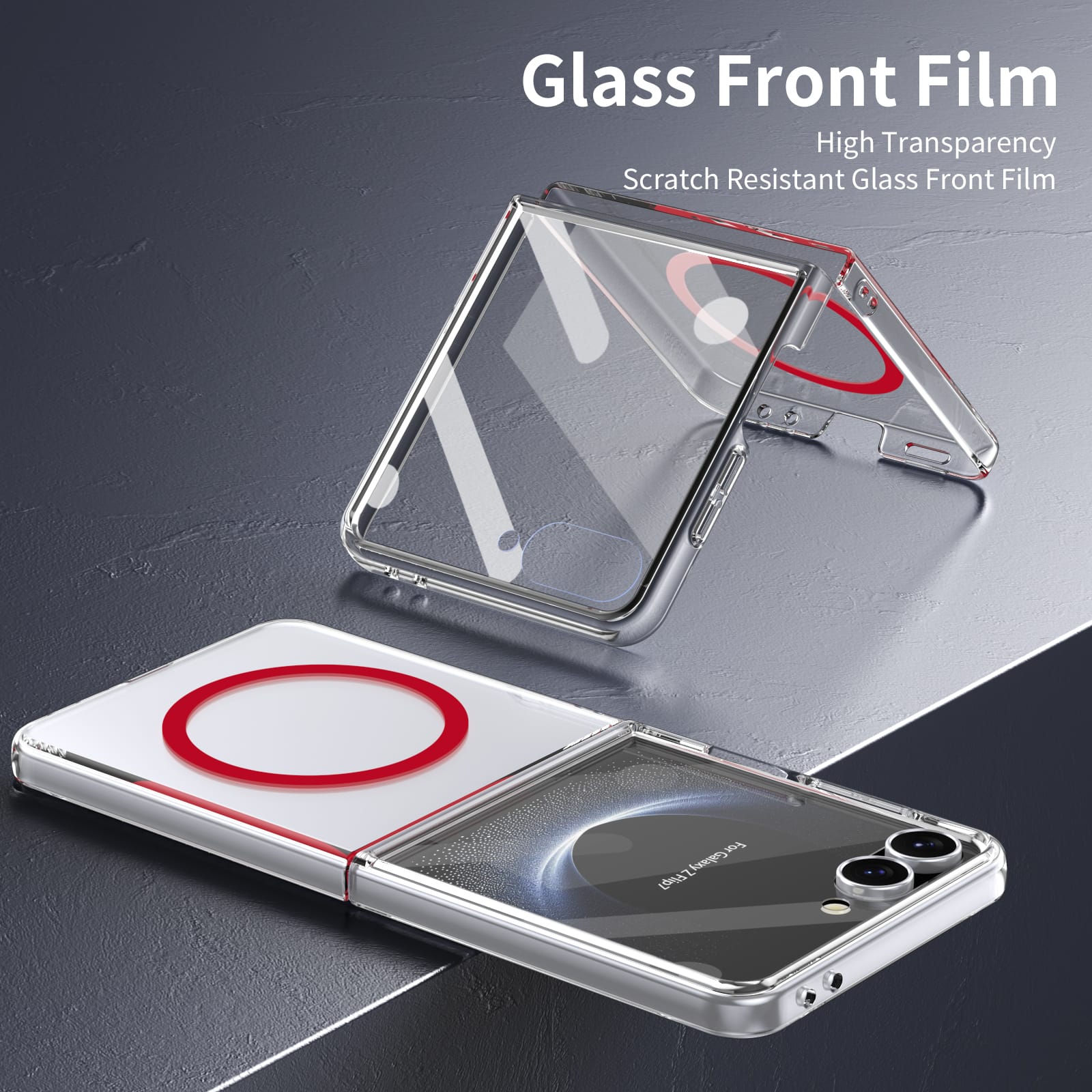 Crystal-clear Magnetic Ring Case for Samsung Galaxy Z Flip 7 with Tempered Glass[Red]