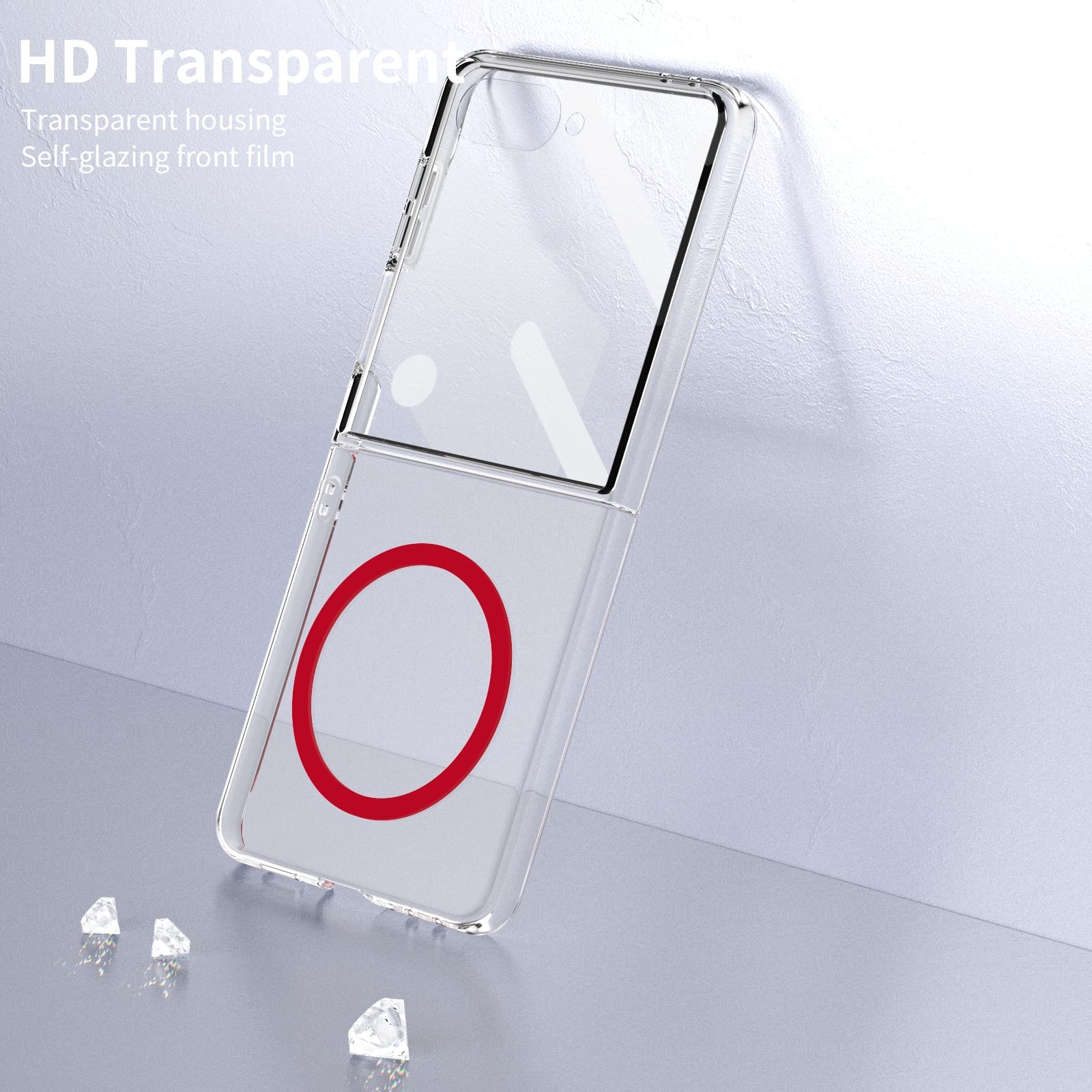 Crystal-clear Magnetic Ring Case for Samsung Galaxy Z Flip 7 with Tempered Glass[Red]