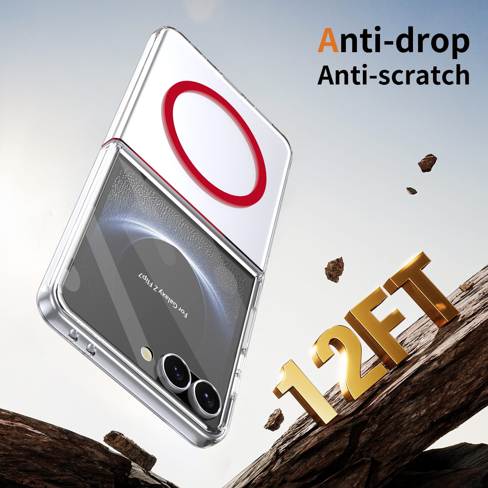Crystal-clear Magnetic Ring Case for Samsung Galaxy Z Flip 7 with Tempered Glass[Red]