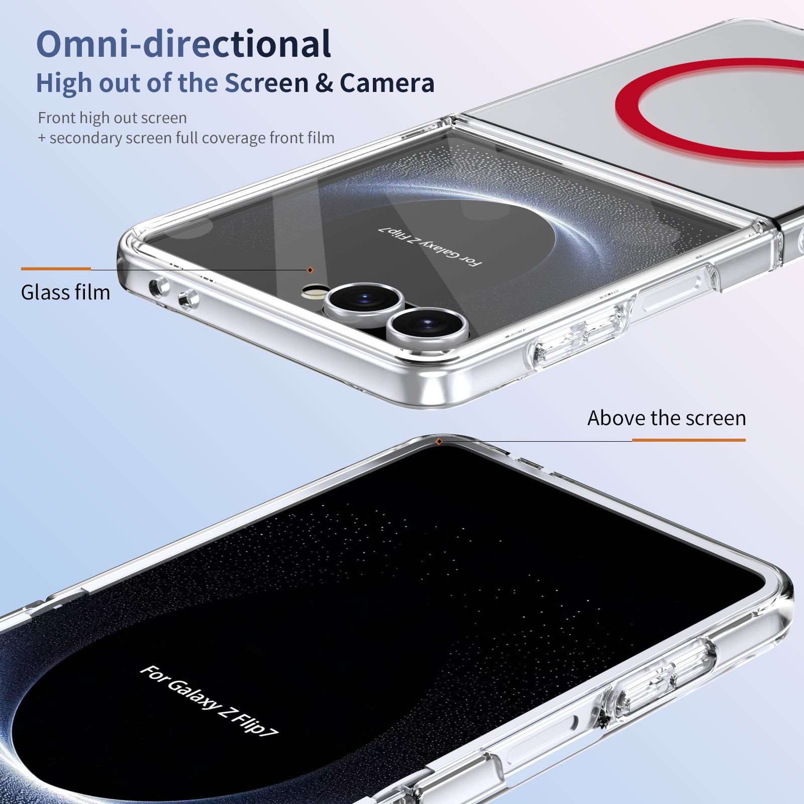 Crystal-clear Magnetic Ring Case for Samsung Galaxy Z Flip 7 with Tempered Glass[Red]
