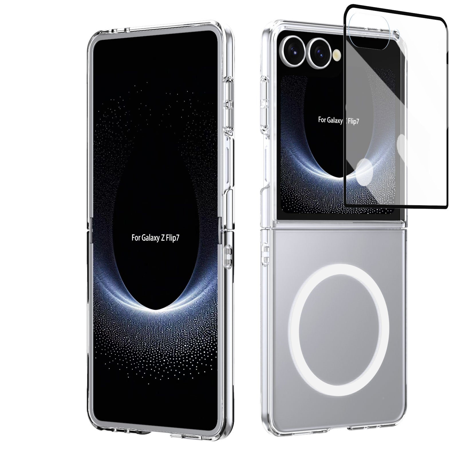 Crystal-clear Magnetic Ring Case for Samsung Galaxy Z Flip 7 with Tempered Glass [Silver]