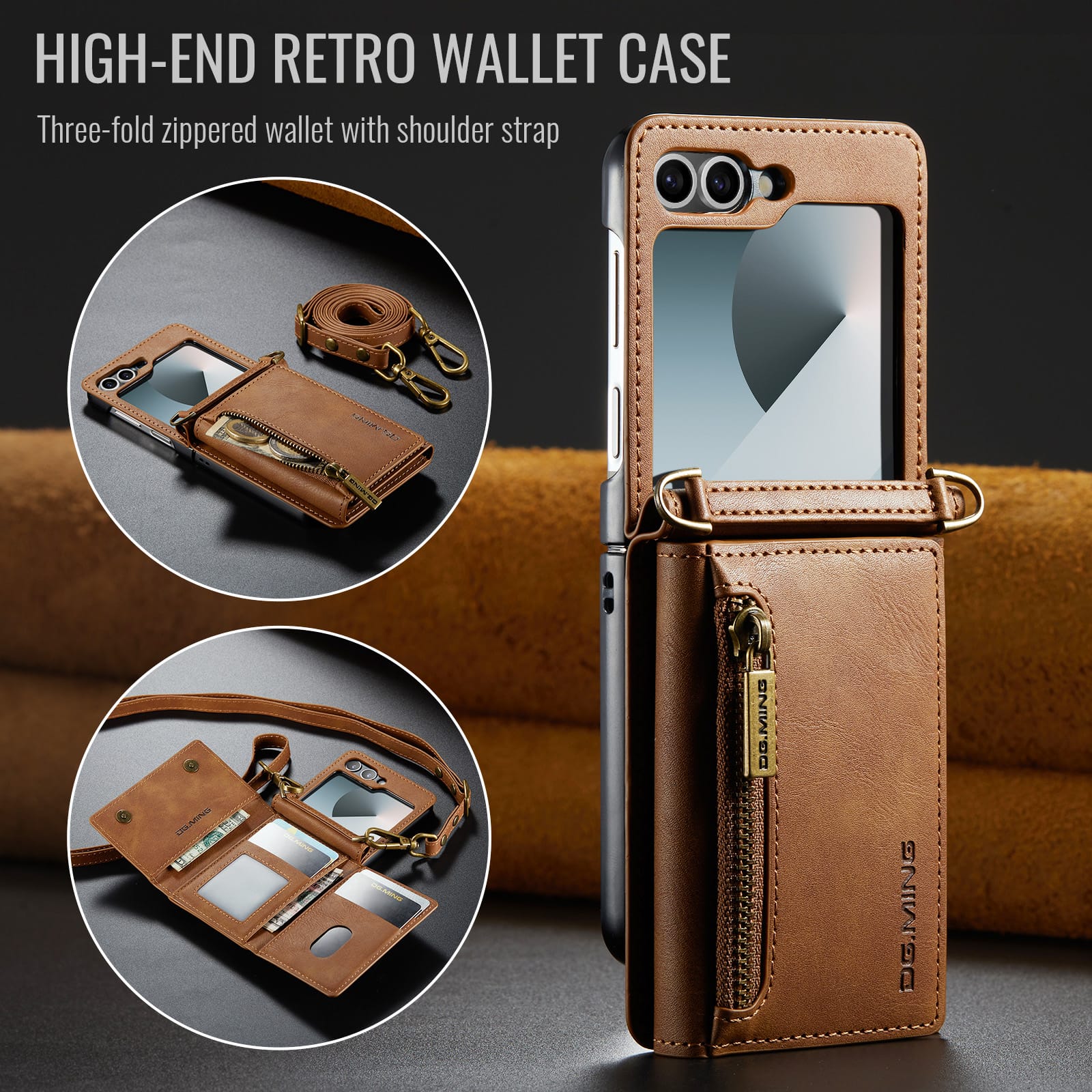 DG.MING Samsung Galaxy Z Flip 7 Crossbody Wallet Case [Brown]