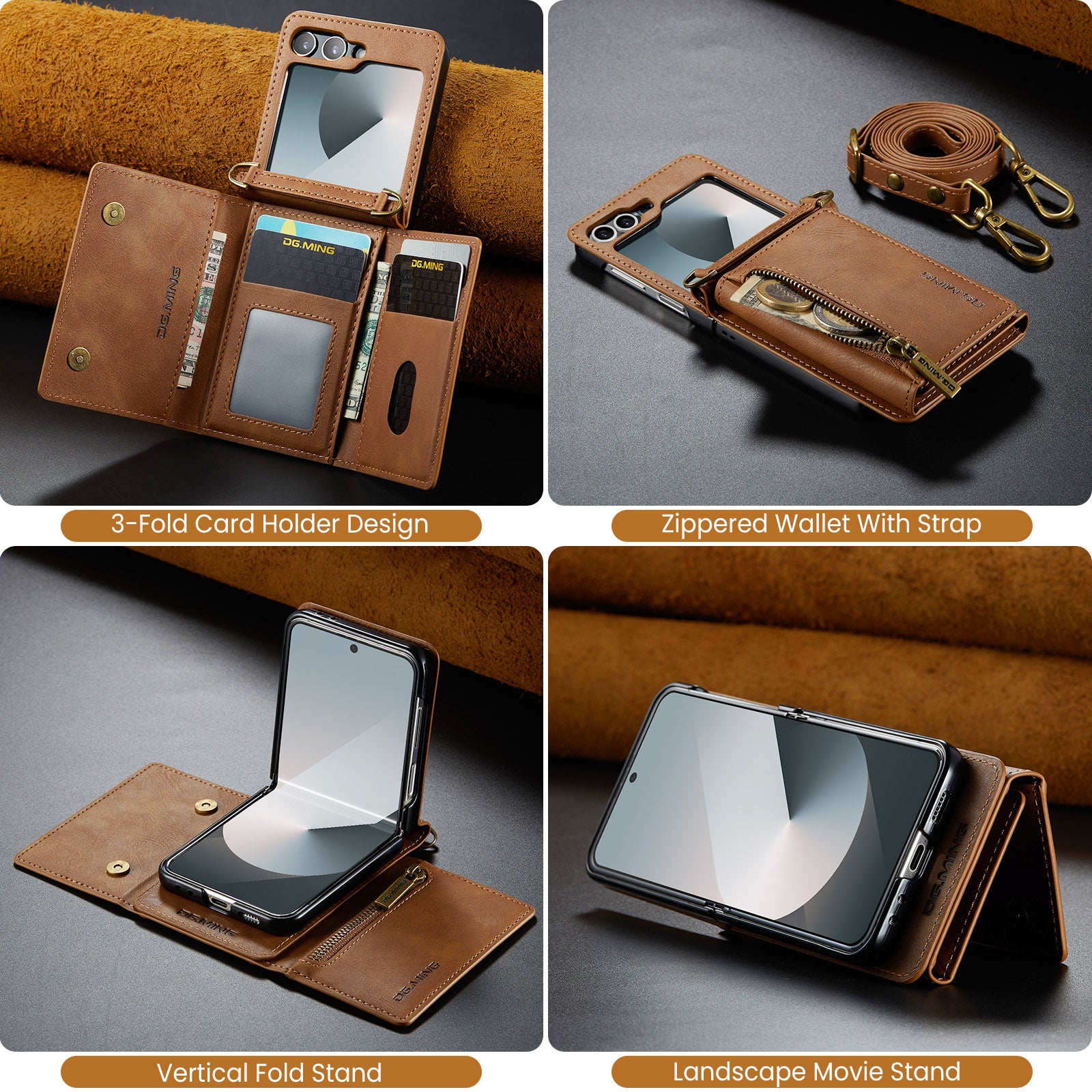 DG.MING Samsung Galaxy Z Flip 7 Crossbody Wallet Case [Brown]
