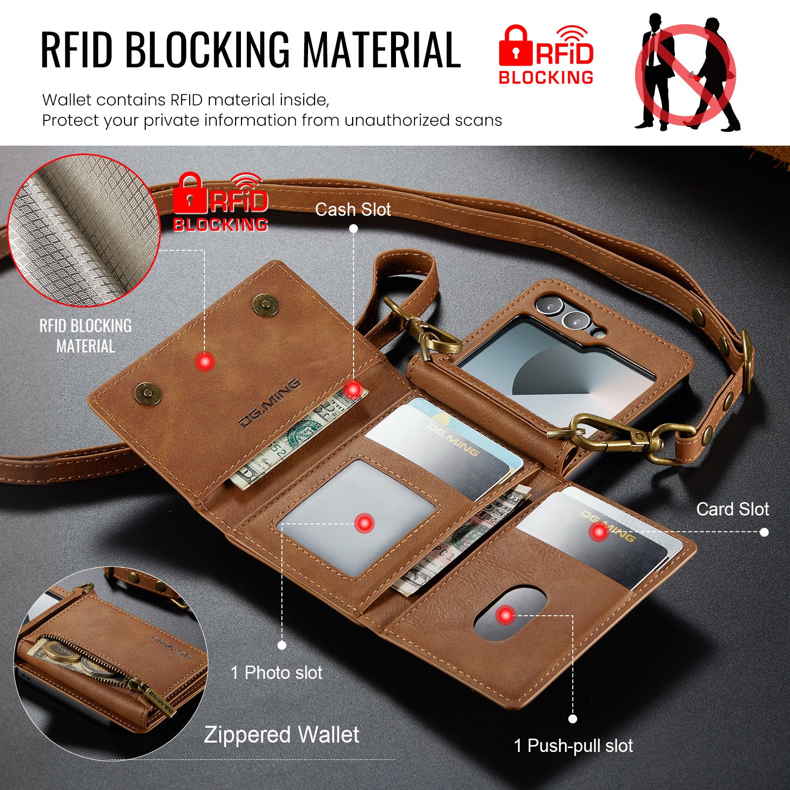 DG.MING Samsung Galaxy Z Flip 7 Crossbody Wallet Case [Brown]