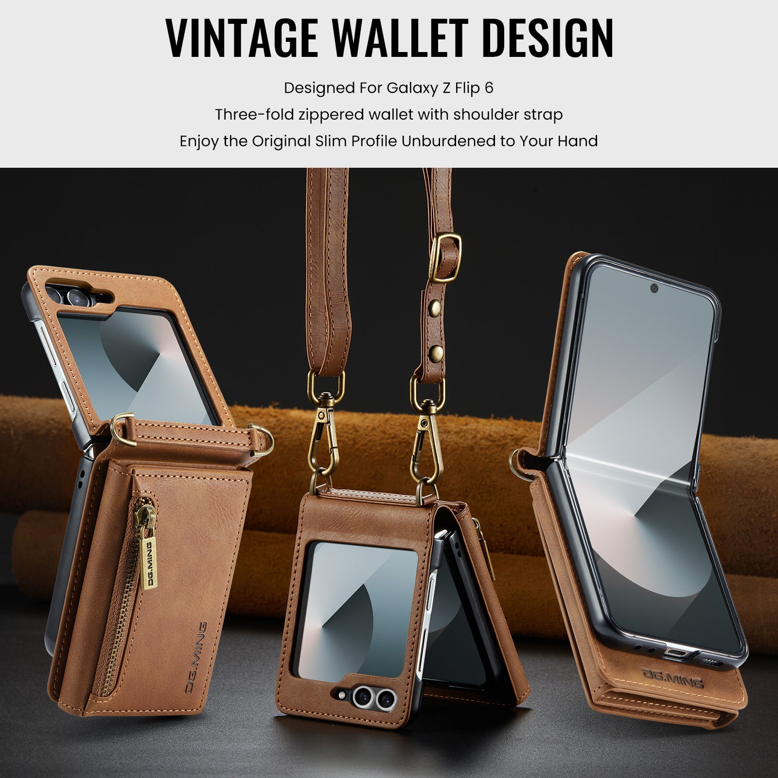 DG.MING Samsung Galaxy Z Flip 7 Crossbody Wallet Case [Brown]