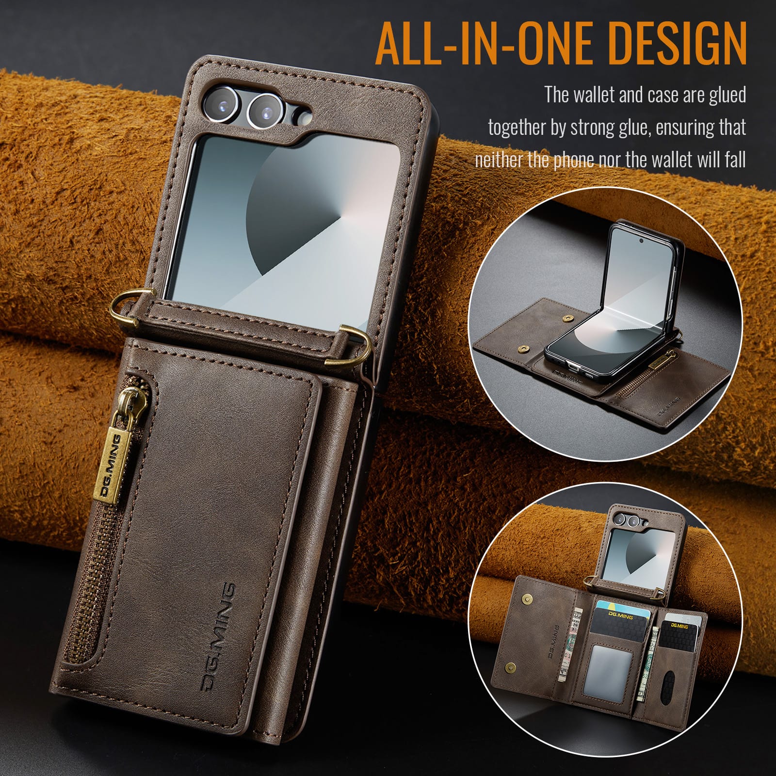 DG.MING Samsung Galaxy Z Flip 7 Crossbody Wallet Case [Coffee]