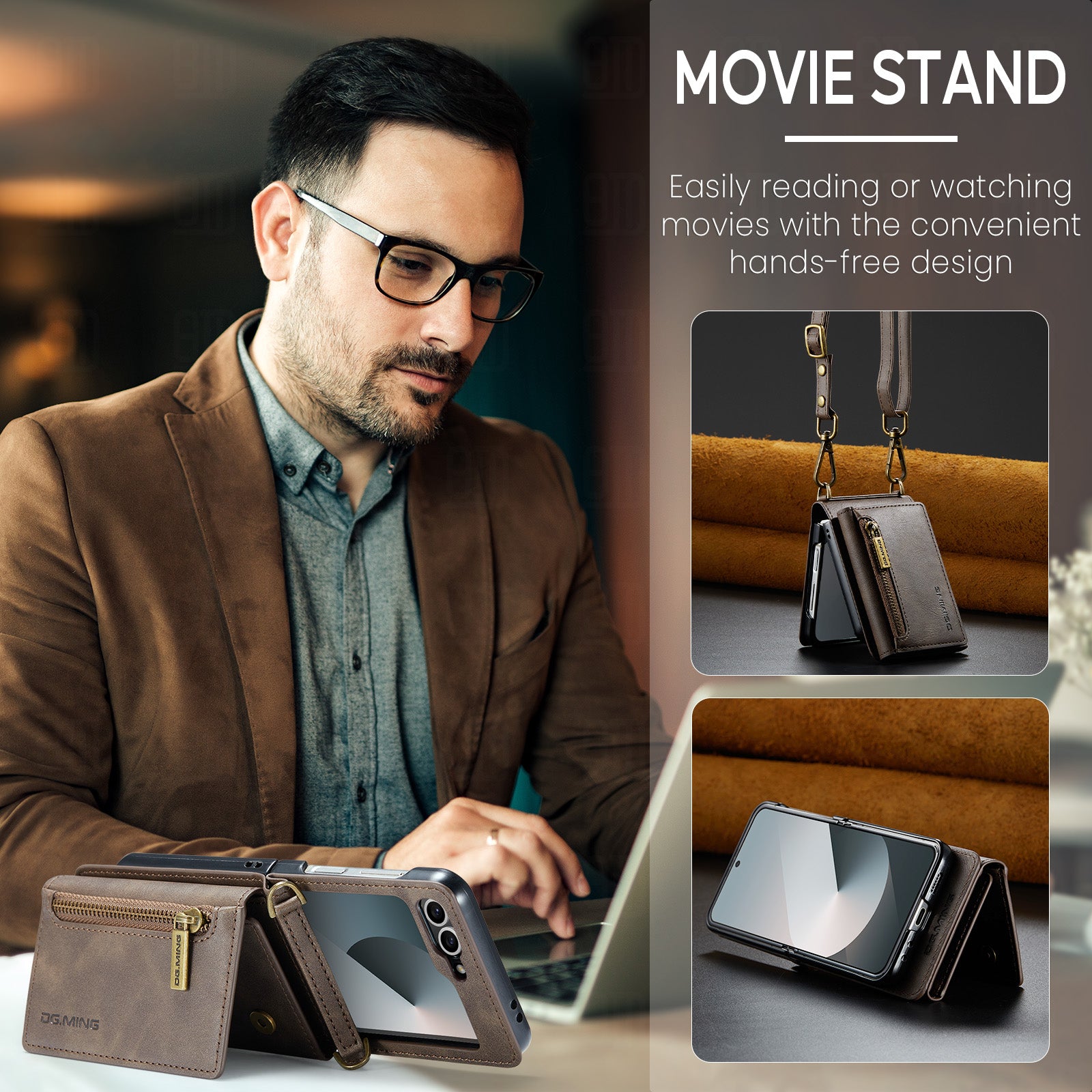 DG.MING Samsung Galaxy Z Flip 7 Crossbody Wallet Case [Coffee]