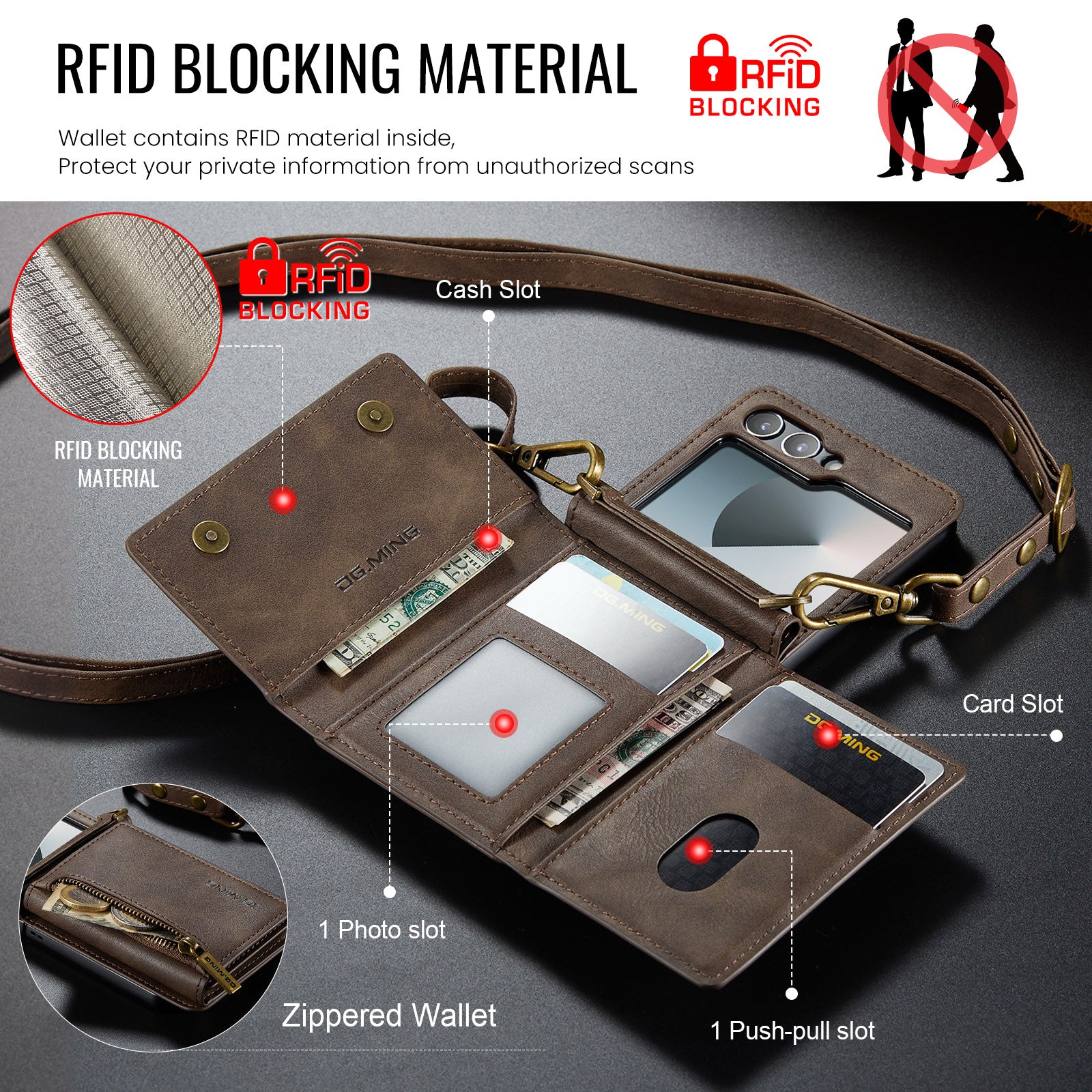 DG.MING Samsung Galaxy Z Flip 7 Crossbody Wallet Case [Coffee]
