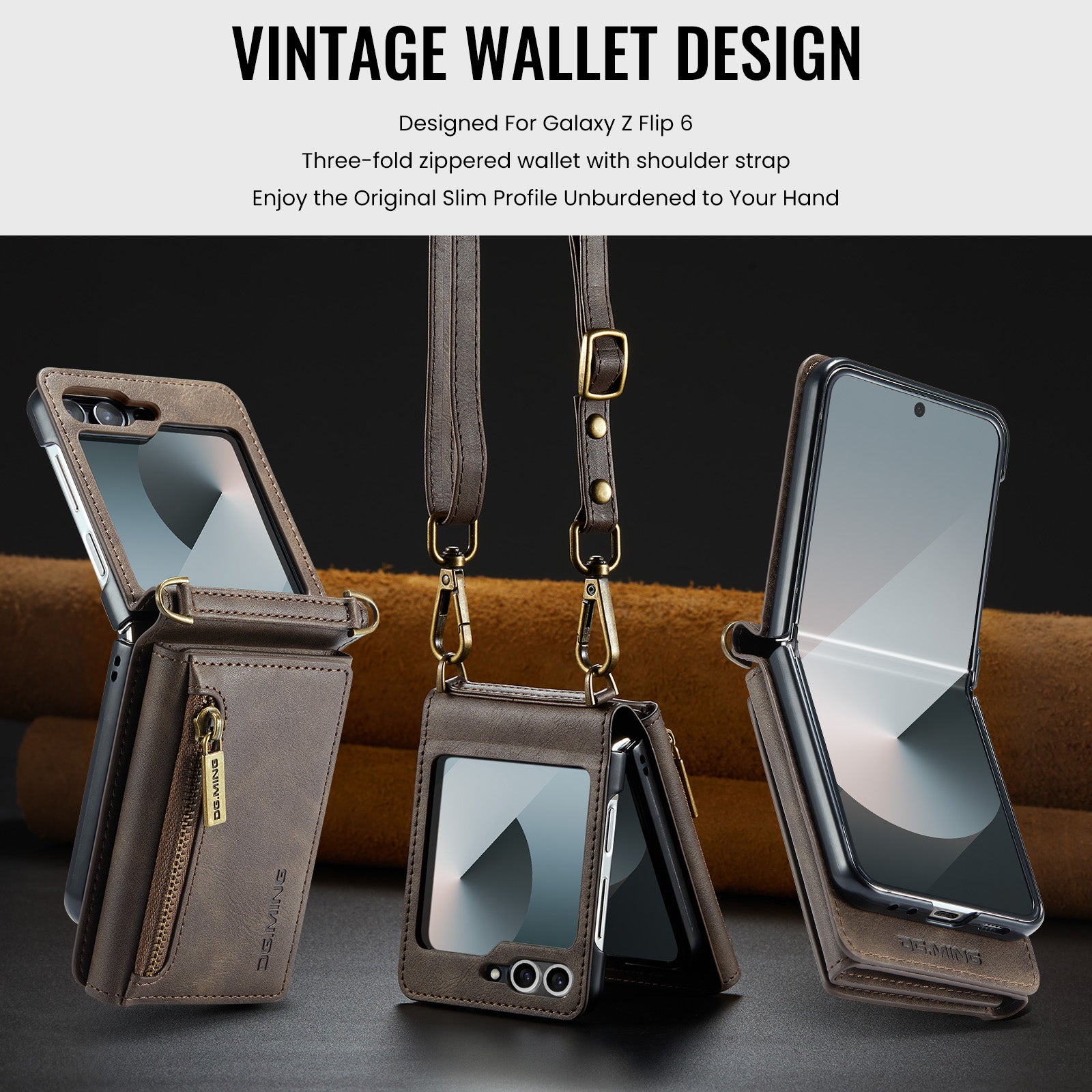 DG.MING Samsung Galaxy Z Flip 7 Crossbody Wallet Case [Coffee]