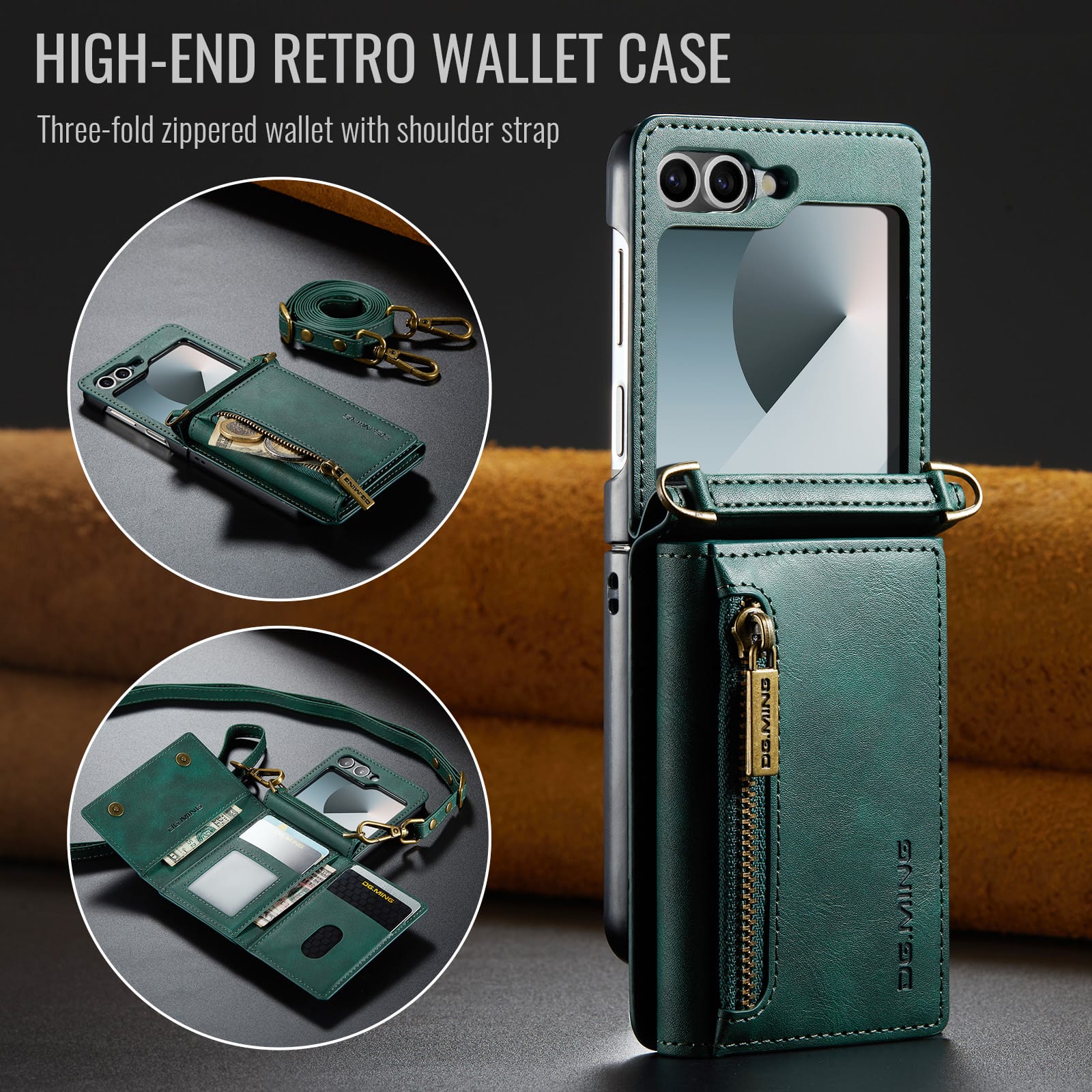 DG.MING Samsung Galaxy Z Flip 7 Crossbody Wallet Case [Green]