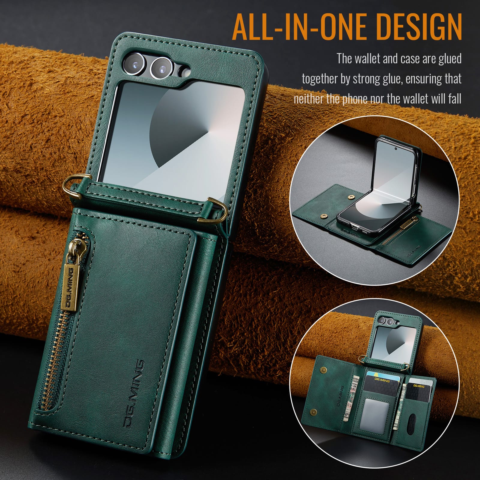 DG.MING Samsung Galaxy Z Flip 7 Crossbody Wallet Case [Green]