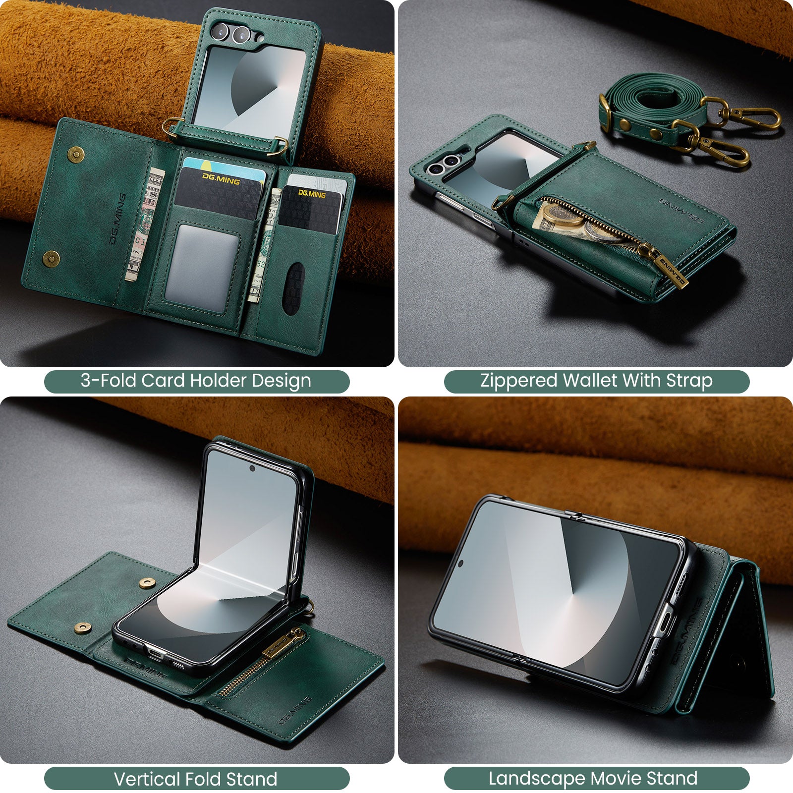 DG.MING Samsung Galaxy Z Flip 7 Crossbody Wallet Case [Green]