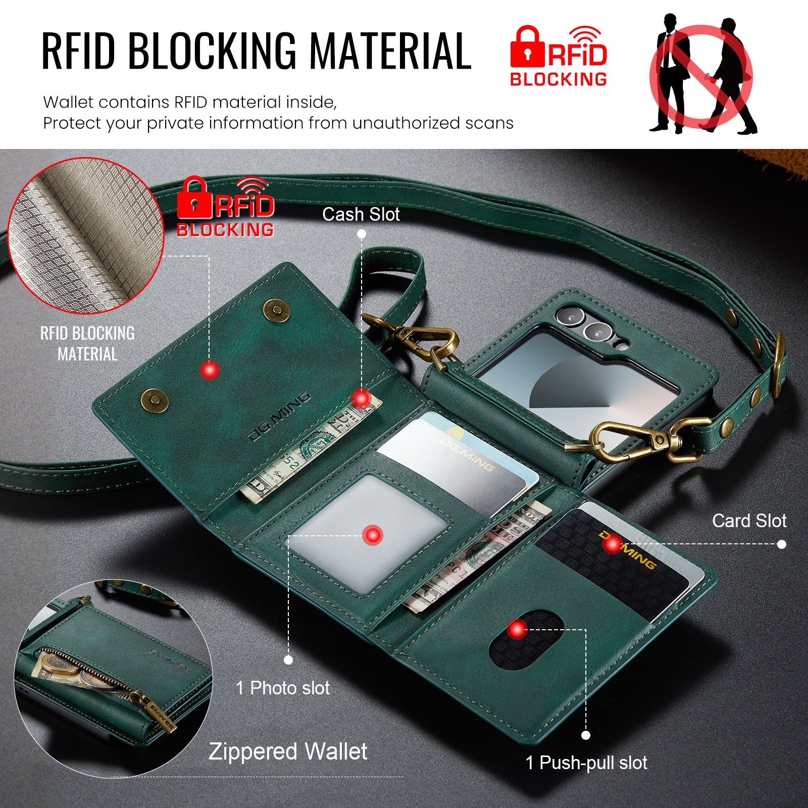 DG.MING Samsung Galaxy Z Flip 7 Crossbody Wallet Case [Green]