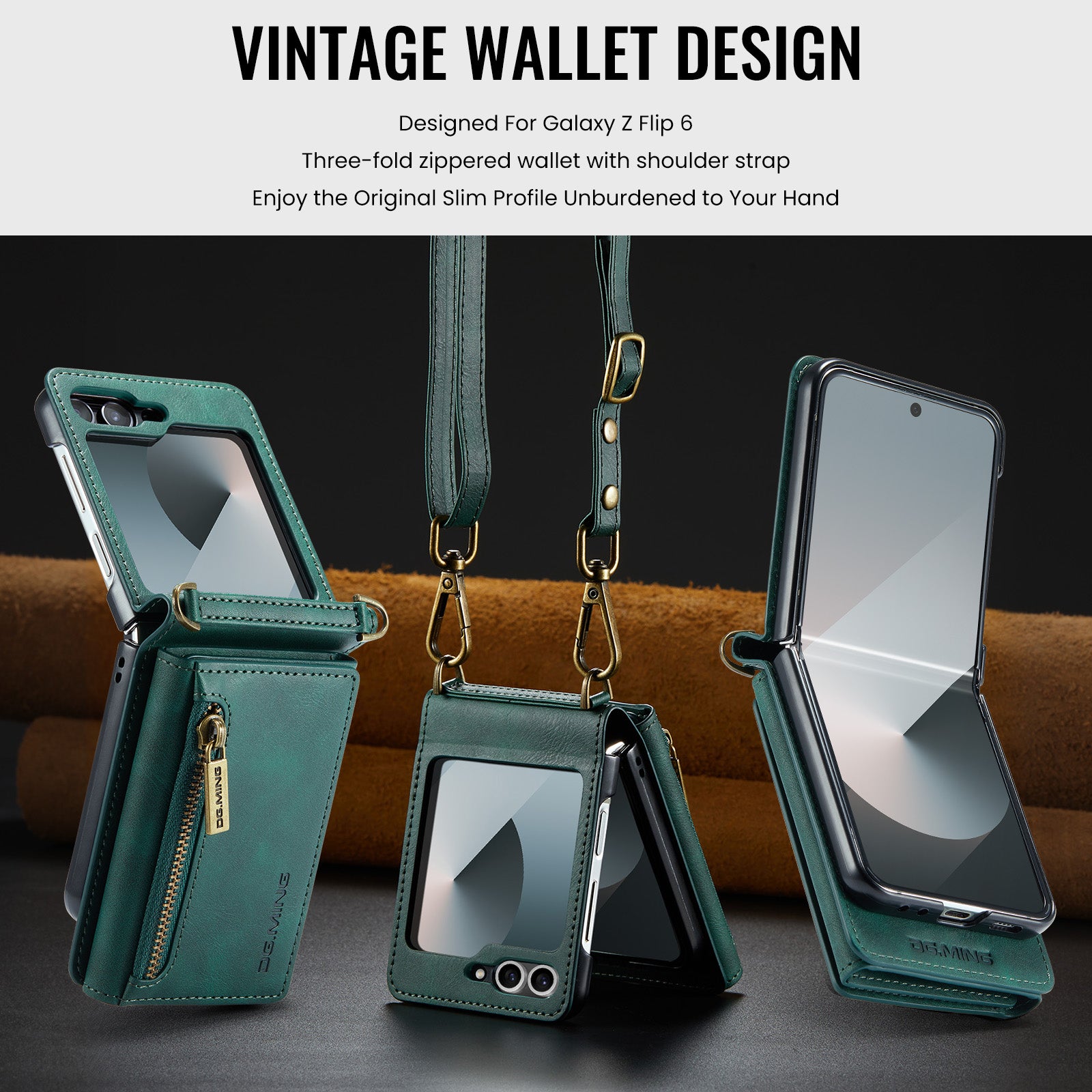 DG.MING Samsung Galaxy Z Flip 7 Crossbody Wallet Case [Green]