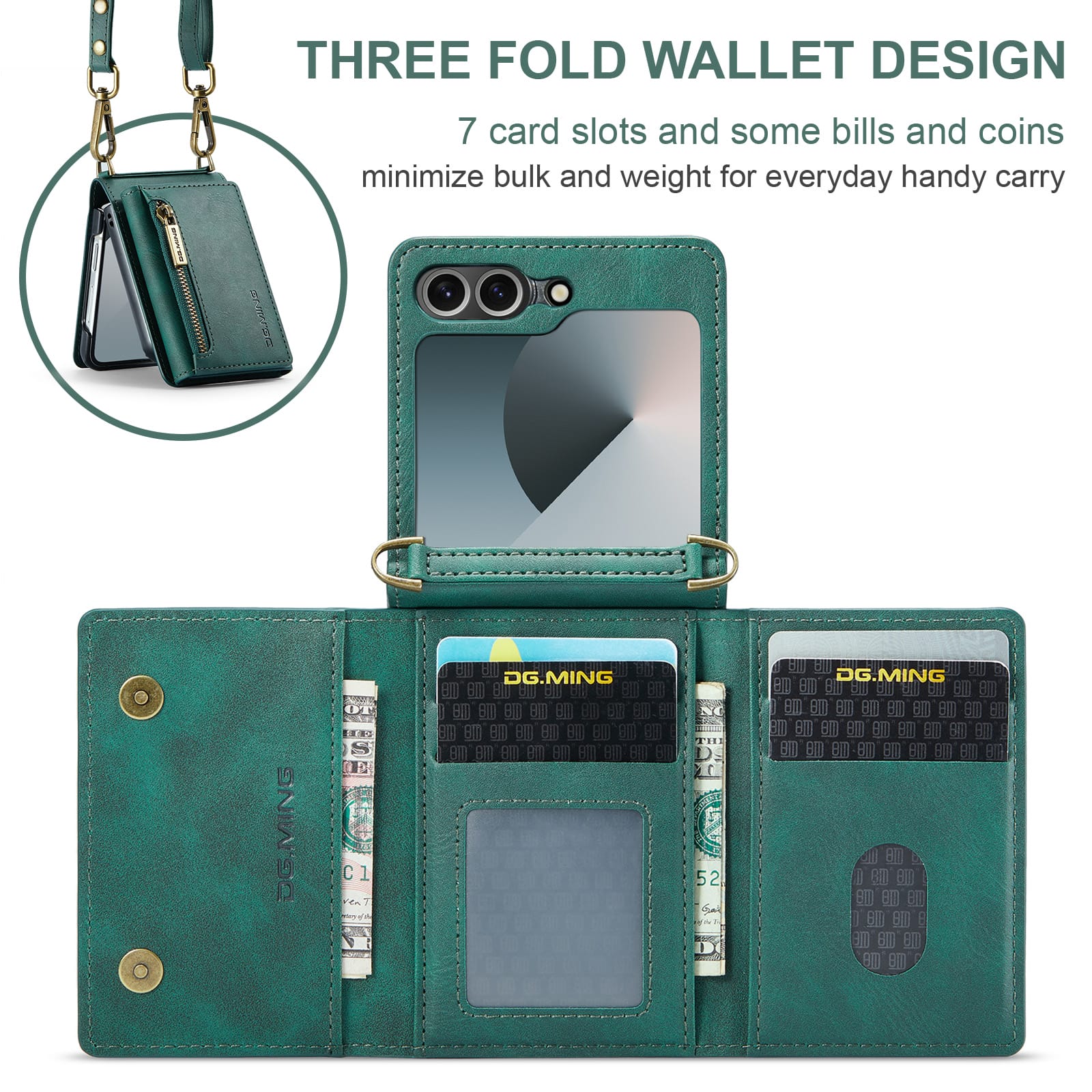 DG.MING Samsung Galaxy Z Flip 7 Crossbody Wallet Case [Green]