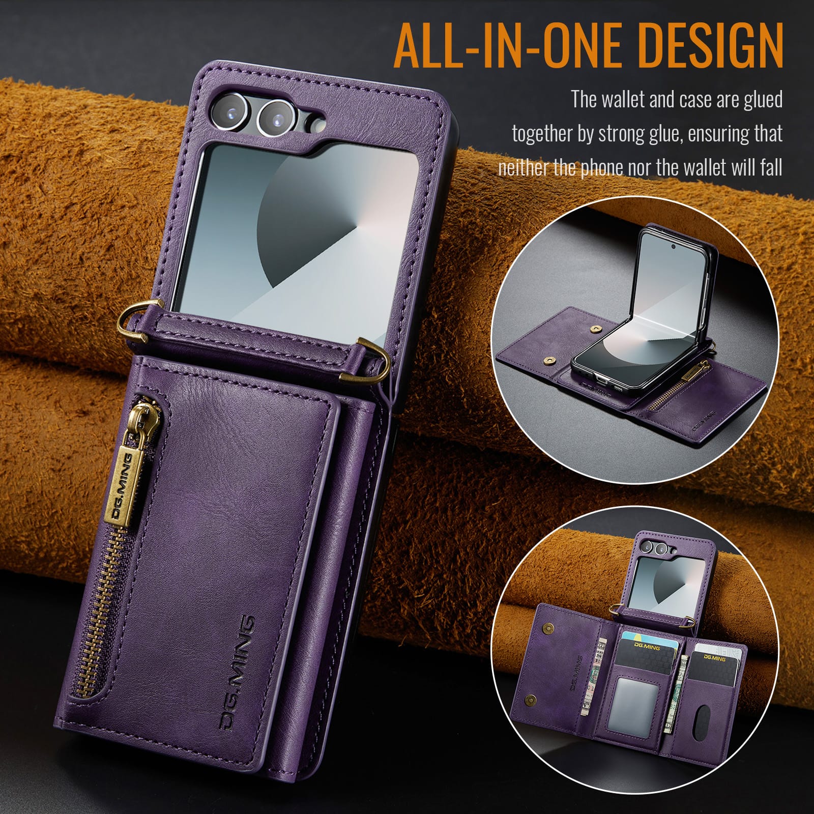 DG.MING Samsung Galaxy Z Flip 7 Crossbody Wallet Case [Purple]